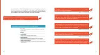7170
Entre os participantes dos grupos de discussão, quase todos disseram já ter passado por situações des-
confortáveis depois de uma determinada publicação ou posicionamento, em geral nas redes sociais (e
especialmente no Facebook). E as diferenças entre as redes sociais voltam a ser destacadas pelos
jovens. Em geral, não se lembram de episódios agressivos tão explícitos quanto os que visualizam
hoje no Facebook em redes sociais de menor escala, como o Orkut, por exemplo.
(Brasília, 16-19 anos, classes A e B)
“No Orkut as pessoas se falavam mais pessoalmente. E todo mundo
amava Deus. No Face todo mundo é ateu.”
Os principais motivadores de conflitos em redes sociais
Homofobia
(mencionado principalmente por meninos e pelos jovens de São Paulo,
Recife e Belém)
Racismo
Origem/Região
(citado somente nos grupos de Belém e Recife)
Gênero/Machismo
(mencionado pontualmente por mulheres em São Paulo e Brasília)
Religião ou filosofia de vida
(citado por todos os grupos, nem sempre em função de situações vividas
por eles próprios)
(Recife, 16-19 anos, classes A e B)
(Brasília, 16-19 anos, classes A e B)
(Recife, 16-19 anos, classes A e B)
(Brasília, 16-19 anos, classes A e B)
(Recife, 16-19 anos, classes A e B)
“Sou gay e frequentemente sofro preconceito online nas postagens
que faço com meu companheiro.”
“É maior online do que na vida real porque as pessoas têm mais co-
ragem quando não estão cara a cara.”
“Sempre que comento algo, sou julgada pela minha origem. Se for
algo bom, dizem ‘poxa, você até é inteligente para uma nordestina’.
Se for ruim, dizem ‘ah, só podia ser nordestina’.”
“No Facebook, em um grupo em que apontei um elemento machis-
ta em um filme, o cara me mandou uma mensagem dizendo que eu
era feminazi, merecia apanhar e ser estuprada.”
“Sempre digo para a minha companheira não se expor na internet,
porque as pessoas não se identificam, mas a identificam. Eu prefiro
ser discreta em tudo e fazer apenas o necessário usando a internet.”
 
