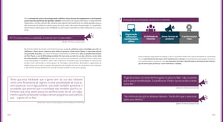 143142
Outro exemplo de como a tecnologia pode viabilizar novas formas de engajamento e participação
social vem das periferias das grandes cidades. Entre jovens de classes mais baixas, é especialmente
importante o uso das câmeras dos celulares para registrar (principalmente em vídeo) episódios que ou
não interessam às mídias de massa ou que, de outro modo, não seriam disseminados. O compartilha-
mento desses vídeos ajuda a dar visibilidade ao que é pouco noticiado na mídia tradicional ou a causas
locais.
Outra mudança importante em relação a 2013 e que talvez tenha sido menos percebida ou comentada
foi um estreitamento dos laços entre professores e alunos, estimulado pela participação dos jovens
em manifestações e protestos e por um momento de maior identificação e sentimento de valoriza-
ção do aluno pelo professor, como indivíduo e cidadão.
Na primeira edição do estudo Juventude Conectada, o uso de celulares como estratégia para dar vi-
sibilidade a fatos pouco cobertos pela mídia já aparecia, ainda muito ligado à repressão policial
nas jornadas de junho, com especial menção à experiência da Mídia Ninja. Nas ocupações das escolas
em São Paulo, o uso do WhatsApp também foi marcante, ao lado do uso das câmeras, como meio
de comunicação e mobilização. Grupos de uso restrito aos estudantes envolvidos foram criados para
trocar informações e coordenar ações. Pais, professores e membros das comunidades no entorno das
escolas foram adicionados a outros grupos de mensagens instantâneas, destinados à organização de
vigílias diante das escolas ocupadas, planejamento de doações dos insumos necessários aos ocupantes
e até mesmo serviços de alerta em caso de invasões da polícia ou de outros grupos.
Evolução da participação social com a internet:
Organização
online para
manifestações
offline
Visibilidade de
minorias
Novas formas de
protesto
Transformações
reais
(Recife, 16-19 anos, classes A e B)
(Recife, 16-19 anos, classes A e B)
(Belém, 16-19 anos, classes A e B)
“A TV nunca mostra a realidade, a internet tem os dois lados.”
“Na minha escola até os diretores falavam: ‘Vocês têm que ir para lutar
pelos seus direitos’.”
“A gente ia fazer um teste de Português no dia e eu falei: ‘não, eu tenho
queirparaamanifestação.Eaprofessora:‘Podeirqueeutedouoteste
outro dia’.”
Harika Maia, cientista social, Programa VAI da Prefeitura de São Paulo
“Acho que essa facilidade que a gente tem do uso dos celulares
como uma ferramenta de registro e uma possibilidade de esse jo-
vem expressar isso é algo potente, que pode também aproximar a
sociedade, que permite que a sociedade veja também qual é o so-
frimento que esse jovem passa na periferia antes de ter um julga-
mento superficial baseado na lógica desses programas policialescos
que 	 a gente vê no País.”
 