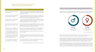 161160
A internet pode acelerar o desenvolvi-
mento de projetos.
É possível ganhar dinheiro trabalhando
com as ferramentas da internet.
A internet estimula a inovação/gera-
ção de ideias e novas soluções.
Pela internet é possível sustentar ne-
gócios que ajudem a melhorar o mun-
do.
A internet favorece o surgimento de
negócios que tenham impacto social.
A internet possibilita a criação de no-
vos serviços/produtos/projetos que
não seriam possíveis de outra maneira.
A internet permite levantar dinheiro/
financiamento para a realização de pro-
jetos/novos negócios/startups.
A internet possibilita que pessoas com
pouco capital tenham seus negócios.
Ferramentas que permitem criação de protótipos de aplicativos (Pop app),
sites institucionais (Wordpress), questionáriosdevalidação(SurveyMonkey),
gestãodeprojetos(Trello).
Produzindo conteúdo próprio (youtubers, blogueiros), revendendo bens
pessoais (Mercado Livre, OLX, Enjoei), fazendo trabalhos específicos (Get-
Ninjas, Freela, Trampos), produzindo artesanato (Elo7, Etsy).
Sites que apresentam ideias de negócios (PEGN, Estadão PME, Exame),
startups que estão captando recursos (CrunchBase, Startupi, TechCrunch),
tendências (Springwise, Product Hunt, Projeto Draft).
Negócios online baseados em doações (Wikipedia, Firefox), que conectam
iniciativas (Atados, Rede Asta, Solidarium), que defendem causas (Escola
Digital, Rede Mulher Empreendedora, Quintal de Trocas).
Pelo acesso a exemplos (Artemísia, Ashoka, B Corps), cursos (Changemakers,
Ashoka U), investimento de impacto (GIFE, Insper Metricis, ICE, ANDE).
Aplicativos para smartphones e tablets, redes sociais, serviços de comuni-
cação instantânea.
Serviços de financiamento coletivo (Catarse, Kickante, Benfeitoria), capi-
talização coletiva (Broota, StartMeUp), financiamento peer-to-peer (Biva,
Geru, Simplic).
Lojas pessoais (Mercado Livre, Enjoei, OLX), blogs e páginas em redes so-
ciais para revenda de produtos, serviços via WhatsApp.
Os jovens concordaram que Como isto pode ser feito?
Percepções e atitudes do jovem sobre o papel da
internet para quem pensa em empreender
Fonte: Elaborado por Marcelo Nakagawa com base no Juventude Conectada 2015
Amaioriadosjovensentrevistadosgostariadeempreendersepudesseescolher.Masessedesejoéumpouco
mais forte entre os homens, apesar de 63% das jovens mulheres também demonstrarem essa vontade.
Algo que chama a atenção nesta intencionalidade é que um número considerável (26% dos homens e
22% das mulheres) já está empreendendo ou empreendeu algum negócio na internet.
A pesquisa indicou que a internet contribui positivamente para que os jovens percebam as oportunida-
des para empreender. A novidade é que a igualdade de gênero bastante debatida em outros assuntos é
praticamente alcançada quando são analisadas as percepções e atitudes dos jovens. Os homens têm
uma percepção mais positiva em todos os quesitos analisados, mas apenas com ligeira vantagem.
As mulheres têm, aparentemente, um pouco mais de dificuldade em compreender como a internet pode
acelerar o desenvolvimento de projetos, em como é possível sustentar negócios que ajudem a melhorar
o mundo, em como a internet possibilita a criação de iniciativas que não seriam possíveis de outra ma-
neira ou em como a internet permite levantar recursos para a realização de novos projetos. Os resultados
das mulheres gostariam
de empreender
dos homens gostariam
de empreender
Por que as mulheres empreendedoras ainda estão (ligeiramente) atrás?
63%67%
Fonte: Juventude Conectada 2015
 