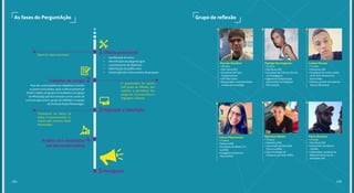 O grupo de reflexão
Grupo de reflexãoAs fases do PerguntAção
•	 Qualificação do tema 	
•	 Identificação da pergunta-guia
•	 Levantamento de hipóteses
•	 Delimitação do público-alvo
•	 Construção dos instrumentos de pesquisa
Quem é o hiperconectado?
Tratamento do banco de
dados e processamento re-
alizado pelo Instituto Paulo
Montenegro.
O questionário foi revisto
pelo grupo de reflexão, que
analisou a pertinência das
perguntas, sua extensão e a
linguagem utilizada.
Para dar continuidade aos trabalhos e manter
os jovens articulados, após a oficina presencial
foram criados um grupo no Facebook e um grupo
do WhatsApp que funcionaram como canais de
comunicação entre o grupo de reflexão e a equipe
do Instituto Paulo Montenegro. 
Oficina presencial
Trabalho de campo
Digitação e tabulação
Análise dos resultados
em discussão online
Divulgação
1
2
3
4
5
Marcelo Duchêne
• 18 anos
• São Carlos (SP)
• Estudante de Física
Computacional
• USP São Carlos
• Pesquisador e empreendedor
na área de tecnologia
Maickson Bhoim
• 23 anos
• Santarém (PA)
• Licenciado em Educação
Física na UEPA
• Sócio-fundador da
Embarcar.com líder RAPS
Rodrigo Hermogenes
• 19 anos
• São Paulo (SP)
• Estudante de Ciências Sociais
na Anhanguera
• Agente de Comunicação
Comunitária na Fundação
Tide Setubal
Flávio Barbosa
• 24 anos
• São Paulo (SP)
• Concluindo Jornalismo
na FMU
• Videomaker, produtor de
Webzines entre outras
atividades DIV
Lorhan Moraes
• 15 anos
• Campinas (SP)
• Estudante de ensino médio
na EE Prof. Norberto de
Souza Pinto
• Monitor juvenil na Academia
Educar DPaschoal
Tainan Piantavinha
• 21 anos
• Itabuna (BA)
• Estudante de Rádio e TV
na UESC
• Estagiária do Instituto
Nossa Ilhéus
195194
 