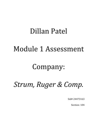  
	
  
	
  
	
  
Dillan	
  Patel	
  
Module	
  1	
  Assessment	
  
Company:	
  
Strum,	
  Ruger	
  &	
  Comp.	
  
Sid#	
  24473163	
  
Section:	
  104	
  
	
  
 
