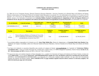 GOBIERNO DEL DISTRITO FEDERAL
OFICIALÍA MAYOR
Convocatoria: 010
Lic. María de la Luz Urrusquieta Navarro, Directora General de Recursos Materiales y Servicios Generales de la Oficialía Mayor del Gobierno del Distrito
Federal, en observancia a la Constitución Política de los Estados Unidos Mexicanos en su artículo 134, y de conformidad con los artículos 23, 27, inciso a), 28, 30
fracción I, 32 y 43 de la Ley de Adquisiciones para el Distrito Federal y 99 fracción XIII del Reglamento Interior de la Administración Pública del Distrito
Federal, convoca a los interesados en participar en la Licitación Pública Nacional Consolidada para la Adquisición de Vales de Despensa Relativos al
Estímulo de Fin de Año para los trabajadores del Gobierno del Distrito Federal correspondientes al ejercicio fiscal 2015, de conformidad con lo siguiente:
No. de licitación Costo de las bases
Fecha límite para
adquirir bases
Junta de Aclaración de
Bases
Presentación de
Propuestas
Fallo
OM-DGRMSG-010-15 $4,000.00 26/11/15
27/11/2015,
11:00 horas
01/12/2015,
11:00 horas
03/12/2015,
11:00 horas
Partida Descripción
Unidad de
medida
Cantidad mínima a
contratar
Cantidad máxima a
contratar
1
(Única)
Vales de Despensa Relativos al Estímulo de Fin de Año
para los trabajadores del Gobierno del Distrito Federal
correspondientes al ejercicio fiscal 2015
Vale $2,500,000,000.00 $2,784,502,249.93
* Los servidores públicos responsables de la licitación son el C. Jorge Felipe Roldán Díaz, Director de Adquisiciones y el Licenciado Daniel Jesús Bautista Cruz,
Subdirector de Compras Consolidadas, ambos de la Dirección General de Recursos Materiales y Servicios Generales de la Oficialía Mayor del Gobierno del Distrito
Federal.
* Las bases de la licitación se encuentran disponibles para consulta en la página de Internet: www.om.df.gob.mx en el apartado de “Licitaciones Públicas
Consolidadas 2015”, o bien en Avenida Tlaxcoaque No. 8, Quinto Piso, Colonia Centro, C.P. 06090, Delegación Cuauhtémoc, Distrito Federal, los días 23, 24,
25 y 26 de noviembre de 2015 en horario de 9:00 a 15:00 y de 17:00 a 18:00 horas.
* El pago de las bases será mediante depósito en Banco Santander, S.A., a nombre de la Secretaría de Finanzas del Gobierno del Distrito Federal, al número de
cuenta 65501123467 y con la siguiente Referencia: 1201OMDGRMSG01015 seguido de la clave del Registro Federal de Contribuyentes del interesado,
(EJEMPLO: 1201OMDGRMSG01015ABC900101Q09) o en el domicilio de la convocante, mediante cheque certificado o de caja a favor de la Secretaría de
Finanzas del Gobierno del Distrito Federal. NOTA IMPORTANTE: El pago mediante depósito bancario deberá contener la referencia completa. NO
habrá devolución por pago mal referenciado.
 