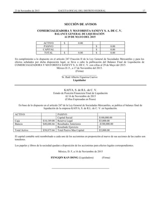 23 de Noviembre de 2015 GACETA OFICIAL DEL DISTRITO FEDERAL 17
SECCIÓN DE AVISOS
COMERCIALIZADORA Y MAYORISTA SANEVY S. A. DE C. V.
BALANCE GENERAL DE LIQUIDACIÓN
Al 29 DE MAYO DEL 2015
ACTIVO $ 0.00
PASIVO $ 0.00
CAPITAL $ 0.00
TOTAL $ 0.00 $ 0.00
En cumplimiento a lo dispuesto en el artículo 247 Fracción II de la Ley General de Sociedades Mercantiles y para los
efectos señalados por dicha disposición legal, se lleva a cabo la publicación del Balance Final de Liquidación de
COMERCIALIZADORA Y MAYORISTA SANEVY S. A. DE C. V. con cifras al 29 de Mayo del 2015.
México D. F., a 17 de Noviembre del 2015.
(Firma)
__________________________
Sr. Raúl Alberto Figueroa Cuervo
Liquidador
KAIYA, S. de R.L. de C. V.
Estado de Posición Financiera Final de Liquidación
Al 16 de Noviembre de 2015
(Cifras Expresadas en Pesos)
En base de lo dispuesto en el artículo 247 de la Ley General de Sociedades Mercantiles, se publica el balance final de
liquidación de la empresa KAIYA, S. de R.L. de C. V. en liquidación.
ACTIVO PASIVO
Capital Social $100,000.00
Caja $10,189.00 Reserva Legal $5,000.00
Bancos $48,686.66 Resultados Anteriores -$100,000.00
Resultado Ejercicio 0
Total Activo $58,875.66 Total Pasivo Mas Capital $5,000.00
El capital contable será reembolsado a cada uno de los accionistas en proposición al nuevo de sus acciones de las cuales son
tenedores.
Los papeles y libros de la sociedad quedan a disposición de los accionistas para efectos legales correspondientes.
México, D. F, a 16 de Noviembre de 2015
FENGQIN KAN DONG (Liquidadora) (Firma)
 