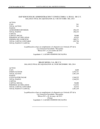 23 de Noviembre de 2015 GACETA OFICIAL DEL DISTRITO FEDERAL 19
DAP SERVICIOS DE ADMINISTRACION Y CONSULTORIA S. DE R.L DE C.V.
BALANCE FINAL DE LIQUIDACION AL 5 DE OCTUBRE DEL 2014
ACTIVO
CAJA 541
TOTAL ACTIVO 541
PASIVO
ACREEDORES DIVERSOS 296,335
TOTAL PASIVO 296,335
CAPITAL
CAPITAL SOCIAL 50,000
PERDIDAS ACUMULADAS -45,423
PERDIDA DEL EJERCICIO -300,371
TOTAL CAPITAL CONTABLE -295,794
TOTAL PASIVO Y CAPITAL 541
La publicación se hace en cumplimiento a lo dispuesto en el Artículo 247 de la
Ley General de Sociedades Mercantiles
México D.F. a 9 de octubre del 2015
(Firma)
Liquidador: C. LAZARO OSORNIO ESCALONA
BRAIN MEDIA S.A. DE C.V.
BALANCE FINAL DE LIQUIDACION AL 30 DE DICIEMBRE DEL 2014
ACTIVO
CAJA 4,608
OTROS ACTIVOS 1,476,731
TOTAL ACTIVO 1,481,339
PASIVO
CUENTAS POR PAGAR 1,544,255
TOTAL PASIVO 1,544,255
CAPITAL
CAPITAL SOCIAL. 50,000
PERDIDAS ACUMULADAS 112,916
TOTAL CAPITAL CONTABLE -62,916
TOTAL PASIVO Y CAPITAL 1,481,339
La publicación se hace en cumplimiento a lo dispuesto en el Artículo 247 de la
Ley General de Sociedades Mercantiles
México D.F. a 26 de mayo del 2015
(Firma)
Liquidador: C. LAZARO OSORNIO ESCALONA
 