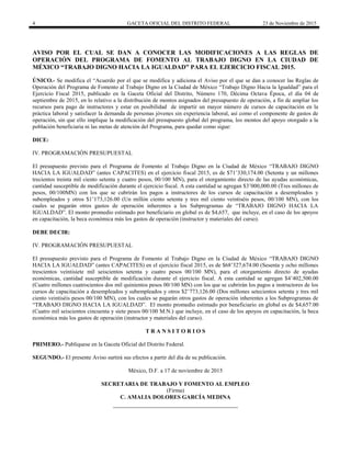 4 GACETA OFICIAL DEL DISTRITO FEDERAL 23 de Noviembre de 2015
AVISO POR EL CUAL SE DAN A CONOCER LAS MODIFICACIONES A LAS REGLAS DE
OPERACIÓN DEL PROGRAMA DE FOMENTO AL TRABAJO DIGNO EN LA CIUDAD DE
MÉXICO “TRABAJO DIGNO HACIA LA IGUALDAD” PARA EL EJERCICIO FISCAL 2015.
ÚNICO.- Se modifica el “Acuerdo por el que se modifica y adiciona el Aviso por el que se dan a conocer las Reglas de
Operación del Programa de Fomento al Trabajo Digno en la Ciudad de México “Trabajo Digno Hacia la Igualdad” para el
Ejercicio Fiscal 2015, publicado en la Gaceta Oficial del Distrito, Número 170, Décima Octava Época, el día 04 de
septiembre de 2015, en lo relativo a la distribución de montos asignados del presupuesto de operación, a fin de ampliar los
recursos para pago de instructores y estar en posibilidad de impartir un mayor número de cursos de capacitación en la
práctica laboral y satisfacer la demanda de personas jóvenes sin experiencia laboral, así como el componente de gastos de
operación, sin que ello implique la modificación del presupuesto global del programa, los montos del apoyo otorgado a la
población beneficiaria ni las metas de atención del Programa, para quedar como sigue:
DICE:
IV. PROGRAMACIÓN PRESUPUESTAL
El presupuesto previsto para el Programa de Fomento al Trabajo Digno en la Ciudad de México “TRABAJO DIGNO
HACIA LA IGUALDAD” (antes CAPACITES) en el ejercicio fiscal 2015, es de $71’330,174.00 (Setenta y un millones
trecientos treinta mil ciento setenta y cuatro pesos, 00/100 MN), para el otorgamiento directo de las ayudas económicas,
cantidad susceptible de modificación durante el ejercicio fiscal. A esta cantidad se agregan $3’000,000.00 (Tres millones de
pesos, 00/100MN) con los que se cubrirán los pagos a instructores de los cursos de capacitación a desempleados y
subempleados y otros $1’173,126.00 (Un millón ciento setenta y tres mil ciento veintiséis pesos, 00/100 MN), con los
cuales se pagarán otros gastos de operación inherentes a los Subprogramas de “TRABAJO DIGNO HACIA LA
IGUALDAD”. El monto promedio estimado por beneficiario en global es de $4,657, que incluye, en el caso de los apoyos
en capacitación, la beca económica más los gastos de operación (instructor y materiales del curso).
DEBE DECIR:
IV. PROGRAMACIÓN PRESUPUESTAL
El presupuesto previsto para el Programa de Fomento al Trabajo Digno en la Ciudad de México “TRABAJO DIGNO
HACIA LA IGUALDAD” (antes CAPACITES) en el ejercicio fiscal 2015, es de $68’327,674.00 (Sesenta y ocho millones
trescientos veintisiete mil seiscientos setenta y cuatro pesos 00/100 MN), para el otorgamiento directo de ayudas
económicas, cantidad susceptible de modificación durante el ejercicio fiscal. A esta cantidad se agregan $4’402,500.00
(Cuatro millones cuatrocientos dos mil quinientos pesos 00/100 MN) con los que se cubrirán los pagos a instructores de los
cursos de capacitación a desempleados y subempleados y otros $2’773,126.00 (Dos millones setecientos setenta y tres mil
ciento veintiséis pesos 00/100 MN), con los cuales se pagarán otros gastos de operación inherentes a los Subprogramas de
“TRABAJO DIGNO HACIA LA IGUALDAD”. El monto promedio estimado por beneficiario en global es de $4,657.00
(Cuatro mil seiscientos cincuenta y siete pesos 00/100 M.N.) que incluye, en el caso de los apoyos en capacitación, la beca
económica más los gastos de operación (instructor y materiales del curso).
T R A N S I T O R I O S
PRIMERO.- Publíquese en la Gaceta Oficial del Distrito Federal.
SEGUNDO.- El presente Aviso surtirá sus efectos a partir del día de su publicación.
México, D.F. a 17 de noviembre de 2015
SECRETARIA DE TRABAJO Y FOMENTO AL EMPLEO
(Firma)
C. AMALIA DOLORES GARCÍA MEDINA
 