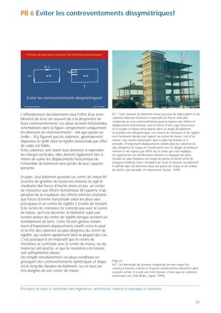 PB 6 Eviter les contreventements dissymétriques!




                                                                                                   Principes de base pour concevoir des bâtiments parasismiques

                                                                                                                                                                      6



                                                                                                                       W, S
                                                                                                                                   S     W
                                                                                                                          M                      M




                                                                                                   Eviter les contreventements dissymétriques!

                                                                                                 Prof. Hugo Bachmann                                    ibk – EPF Zurich




                                                                                               L'effondrement des bâtiments sous l'effet d'un trem-                        6/1 Cette ossature de bâtiment neuve pourvue de dalles plates et de
                                                                                               blement de terre est souvent dû à la dissymétrie de                         colonnes élancées destinées à reprendre les forces verticales
                                                                                                                                                                           comprend un seul contreventement pour la reprises des efforts et
                                                                                               leurs contreventements. Les deux sections horizontales                      déplacements horizontaux, sous la forme d'une cage d'ascenseur
                                                                                               schématisées dans la figure comprennent uniquement                          et d'escalier en béton armé placée dans un angle du bâtiment,
                                                                                               les éléments de contreventment – tels que parois ou                         en position très dissymétrique. Les centres de résistance et de rigidité
                                                                                               treillis – N'y figurent pas les colonnes, généralement                      sont fortement décalés par rapport au centre de masse. Lors d’un
                                                                                               disposées en grille dont la rigidité horizontale par effet                  séisme, une torsion importante dans le plan horizontal est à
                                                                                                                                                                           attendre. D’importants déplacements relatifs dans les colonnes les
5/4 Tous les étages étaient trop flexibles… (Izmit, Turquie, 1999).                            de cadre est faible.                                                        plus éloignées du noyau en résulteraient avec le danger de poinçon-
                                                                                               Si les colonnes sont avant tout destinées à reprendre                       nement et de rupture par effets du 2e ordre que cela implique.
                                                                                               les charges verticales, elles doivent également être à                      On apporterait une amélioration décisive en équipant les deux
                                                                                               même de suivre les déplacements horizontaux de                              façades les plus éloignées du noyau de parois en béton armé de
                                                                                               l'ensemble du bâtiment sans perdre de leur capacité                         longueur modeste mais s'étendant sur toute la hauteur du bâtiment.
                                                                                                                                                                           Il suffirait alors de bétonner deux des parois du noyau et de réaliser
                                                                                               portante.                                                                   les autres, par exemple, en maçonnerie (Suisse, 1994).

                                                                                               En plan, tout bâtiment possède un centre de masse M
                                                                                               («centre de gravité» de toutes les masses) où agit la
                                                                                               résultante des forces d'inertie mises en jeu, un centre
                                                                                               de résistance aux efforts horizontaux W («point» d'ap-
                                                                                               plication de la résultante des efforts internes résistants
                                                                                               aux forces d’inertie horizontale selon les deux axes
                                                                                               principaux et un centre de rigidité S (centre de torsion).
                                                                                               Si le centre de résistance ne coïncide pas avec le centre
                                                                                               de masse, qu'il est décentré, le bâtiment subit une
                                                                                               torsion autour du centre de rigidité lorsque survient un
                                                                                               tremblement de terre. Cette torsion génère notam-
                                                                                               ment d'importants déplacements relatifs entre le pied
                                                                                               et la tête des colonnes les plus éloignées du centre de
                                                                                               rigidité, qui cèdent rapidement dans la plupart des cas.
                                                                                               C'est pourquoi il est impératif que le centre de
                                                                                               résistance se confonde avec le centre de masse, ou du
                                                                                               moins lui soit proche, et que la résistance à la torsion
                                                                                               soit suffisamment élevée.
                                                                                               On remplit simultanément ces deux conditions en
                                                                                               prévoyant des contreventements symétriques et dispo-                        Page 22
                                                                                                                                                                           6/2 Cet immeuble de bureaux comportait un mur coupe-feu
                                                                                               sés le long des facades du bâtiment, ou en tout cas
                                                                                                                                                                           continu à l'arrière à droite et d'autres renforcements décentrés dans
                                                                                               très éloignés de son centre de masse.                                       sa partie arrière. Il a subi une forte torsion, si bien que les colonnes
                                                                                                                                                                           antérieures ont cédé (Kobe, Japon, 1995).



Principes de base à l’attention des ingénieurs, architectes, maîtres d’ouvrages et autorités   Principes de base à l’attention des ingénieurs, architectes, maîtres d’ouvrages et autorités


20                                                                                                                                                                                                                                              21
 
