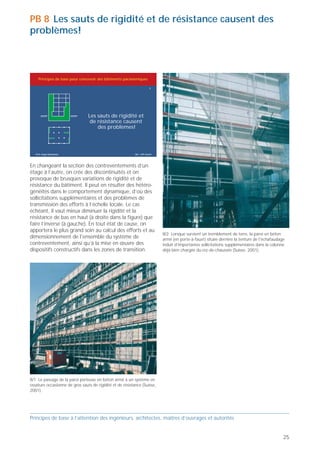 PB 7 Eviter les contreventements décalés!                                                                                                               PB 8 Les sauts de rigidité et de résistance causent des
                                                                                                                                                        problèmes!



     Principes de base pour concevoir des bâtiments parasismiques                                                                                            Principes de base pour concevoir des bâtiments parasismiques

                                                                        7                                                                                                                                                        8




                                          Eviter les
                                                                                                                                                                                        Les sauts de rigidité et
                                      contreventements
                                                                                                                                                                                         de résistance causent
                                           décalés!
                                                                                                                                                                                            des problèmes!




  Prof. Hugo Bachmann                                     ibk – EPF Zurich                                                                                 Prof. Hugo Bachmann                                     Ibk – EPF Zurich




Les contreventements sont décalés (dans leur plan,                                                                                                      En changeant la section des contreventements d’un
comme à l'avant de la figure, ou hors du plan, comme                                                                                                    étage à l’autre, on crée des discontinuités et on
à l'arrière) lorsque leur position diffère d’un étage à                                                                                                 provoque de brusques variations de rigidité et de
l’autre. Les moments de flexion et les efforts                                                                                                          résistance du bâtiment. Il peut en résulter des hétéro-
tranchants induits par cette disposition ne peuvent                                                                                                     généités dans le comportement dynamique, d’où des
généralement pas être reportés de manière satisfaisan-                                                                                                  sollicitations supplémentaires et des problèmes de
te, même en consentant d’importants surcoûts.                                                                                                           transmission des efforts à l’échelle locale. Le cas
Les décalages perturbent la transmission des efforts,                        7/1 Le décalage horizontal des parois en béton armé dans le plan de        échéant, il vaut mieux diminuer la rigidité et la
réduisent la capacité portante et diminuent la ductilité                     la façade génère d’importantes sollicitations et déformations dans         résistance de bas en haut (à droite dans la figure) que
                                                                             la structure porteuse lors de tremblements de terre. Il s’agit d’efforts
(aptitude à se déformer plastiquement) des contreven-                                                                                                   faire l’inverse (à gauche). En tout état de cause, on
                                                                             locaux verticaux (résultant du moment renversant), d'efforts
tements. Ils sont en outre responsables d’importantes                        tranchants affectant les dalles à la hauteur des décalages, de             apportera le plus grand soin au calcul des efforts et au
                                                                                                                                                                                                                                      8/2 Lorsque survient un tremblement de terre, la paroi en béton
sollicitations et déformations affectant d’autres                            surcharges sur les fondations, etc. (Suisse, 2001).                        dimensionnement de l'ensemble du système de                                   armé (en porte-à-faux!) située derrière la tenture de l'échafaudage
éléments porteurs (p. ex. dalles ou colonnes). En com-                                                                                                  contreventement, ainsi qu’à la mise en œuvre des                              induit d’importantes sollicitations supplémentaires dans la colonne
paraison avec des contreventements continus sur toute                                                                                                   dispositifs constructifs dans les zones de transition.                        déjà bien chargée du rez-de-chaussée (Suisse, 2001).
la hauteur du bâtiment et construits dans les règles de
l’art, les décalages augmentent la vulnérabilité de
l'ouvrage et réduisent notablement sa tenue au séisme
dans la plupart des cas. C’est pourquoi il faut
absolument éviter de décaler les contreventements.




                                                                                                                                                        8/1 Le passage de la paroi porteuse en béton armé à un système en
                                                                                                                                                        ossature occasionne de gros sauts de rigidité et de résistance (Suisse,
                                                                                                                                                        2001).




Principes de base à l’attention des ingénieurs, architectes, maîtres d’ouvrages et autorités                                                            Principes de base à l’attention des ingénieurs, architectes, maîtres d’ouvrages et autorités


24                                                                                                                                                                                                                                                                                                      25
 