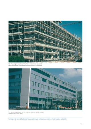 PB 9 Deux parois porteuses élancées en béton armé par
direction principale!



     Principes de base pour concevoir des bâtiments parasismiques

                                                                        9




              Deux parois porteuses élancées en
             béton armé par direction principale!
  Prof. Hugo Bachmann                                     ibk – EPF Zurich




Les parois porteuses en béton armé de section rectan-                        9/1 De telles parois porteuses en béton armé n’occupent qu’une
gulaire sont les mieux adaptées pour renforcer les bâti-                     place modeste en section et en élévation (Suisse, 1994).
ments à ossature contre les actions sismiques. Si les
murs peuvent être relativement courts horizontalement
– par exemple 3 à 6 m, soit 1/3 à 1/5 de la hauteur du
bâtiment -, ils doivent être continus de bas en haut.
Dans une zone de sismicité modérée comme la Suisse,
où le séisme de dimensionnement a une intensité
modérée également, il suffit en général de disposer
deux parois ductiles de forme élancée, dimensionnées                                                                                               9/3 Deux angles de cette construction à ossature sont équipés de
en capacité, dans chacune des directions principales.                                                                                              parois porteuses en béton armé reprenant les efforts transversaux.
La nature des éléments non-porteurs (cloisons
intérieures et façades) peut également jouer un rôle
dans le dimensionnement (rigidité, PB 14). Pour
diminuer les effets de torsion, les parois devraient être
disposées symétriquement par rapport au centre de
masse et situées à la périphérie du bâtiment (PB 6). On
évitera de les placer dans un angle, configuration dans                      9/2 L'armature des parois porteuses en béton armé est relativement
laquelle il est difficile de diffuser les forces sismiques                   simple, mais elle doit être conçue et disposée avec grand soin.
dans les fondations. Lorsque les parois ont une section                      La figure présente une paroi ductile dimensionnée en capacité, de
                                                                             section rectangulaire, qui a été rajoutée dans un bâtiment existant
en L (angles de bâtiments) ou en U, la dissymétrie peut                      (Suisse, 1999).
compliquer l'obtention de la ductilité souhaitée.
En revanche, les parois en béton armé de section
rectangulaire (épaisseur standard de 30 cm) peuvent
être rendues ductiles sans grand investissement, ce qui
permet de doter le bâtiment d'une bonne tenue au
séisme [D0171].




                                                                                                                                                   9/4 Les parois porteuses ont été mises en évidence dans le concept
                                                                                                                                                   architectural (Suisse, 1994).



Principes de base à l’attention des ingénieurs, architectes, maîtres d’ouvrages et autorités                                                       Principes de base à l’attention des ingénieurs, architectes, maîtres d’ouvrages et autorités


26                                                                                                                                                                                                                                                27
 