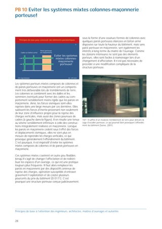 PB 10 Eviter les systèmes mixtes colonnes-maçonnerie                                                                                                PB 11 Eviter de remplir les cadres de maçonnerie!
porteuse!



                                                                             sous la forme d'une ossature formée de colonnes avec
     Principes de base pour concevoir des bâtiments parasismiques                                                                                       Principes de base pour concevoir des bâtiments parasismiques
                                                                             quelques parois porteuses élancées en béton armé
                                                                       10    disposées sur toute la hauteur du bâtiment, mais sans                                                                                        11


                                                                             paroi porteuse en maçonnerie, sert également les
      Cadre en béton armé
                            Paroi porteuse
                            en maçonnerie
                                                                             intérêts à long terme du maître de l’ouvrage. Comme
                                             Eviter les systèmes
                                                                             les cloisons intérieures ne sont pas des éléments
                                              mixtes colonnes-               porteurs, elles sont faciles à réaménager lors d’un
                                                maçonnerie                   changement d’affectation. Il n’est pas nécessaire de
                                                  porteuse!                  procéder à une modification compliquée de la
                                                                             structure porteuse.
                                                                                                                                                                                 Eviter de remplir
                                                                                                                                                                            les cadres de maçonnerie!
  Prof. Hugo Bachmann                                     ibk – EPF Zurich                                                                            Prof. Hugo Bachmann                                    ibk – EPF Zurich




Les systèmes porteurs mixtes composés de colonnes et                                                                                                Une idée toujours très répandue consiste à croire qu'en
de parois porteuses en maçonnerie ont un comporte-                                                                                                  remplissant les cadres en béton armé (colonnes et dalles
ment très défavorable lors de tremblements de terre.                                                                                                ou sommiers) avec de la maçonnerie, on améliore leur
Les colonnes se combinent avec les dalles et les                                                                                                    tenue aux actions horizontales, c'est-à-dire aux forces
sommiers éventuels pour former des cadres au com-                                                                                                   sismiques dirigées dans leur plan. Or cela n’est avéré
portement sensiblement moins rigide que les parois en                                                                                               que pour de petits efforts tant que la maçonnerie reste
maçonnerie. Ainsi, les forces sismiques sont-elles                                                                                                  pratiquement intacte. Cette combinaison de deux types
reprises dans une large mesure par ces dernières. Elles                                                                                             de construction très différents et peu compatibles réagit
subissent les forces d’inertie provenant non seulement                                                                                              mal aux tremblements de terre: les cadres sont relative-
de leur zone d’influence propre pour la reprise des                                                                                                 ment souples et ductiles, tandis que la maçonnerie non-
charges verticales, mais aussi des zones pourvues de                                                                                                armée, très rigide mais fragile, peut déjà «exploser»
cadres (à gauche dans la figure). Il en résulte une tenue                    10/1 Il suffira d’un modeste tremblement de terre pour détruire la     sous l'effet de petites déformations. Au début d'un                         11/1 Ici, les colonnes étaient manifestement les plus résistantes.
au séisme sensiblement inférieure à celle des construc-                      cage d’escalier porteuse, ce qui pourrait bien provoquer l’effondre-   tremblement de terre, la maçonnerie reprend presque                         Une grande partie de la maçonnerie est tombée, mais le cadre a
                                                                             ment du bâtiment (Suisse, 2001).                                                                                                                   tenu (Erzincan, Turquie, 1992).
tions intégralement réalisées en maçonnerie. Lorsque                                                                                                toutes les forces sismiques. Mais elle cède ensuite sous
les parois en maçonnerie cèdent sous l’effet des forces                                                                                             l'effet d'un mécanisme de bielles obliques ou par glisse-
et déplacements sismiques, elles ne sont plus en                                                                                                    ment, car le frottement est généralement faible, dû au
mesure de reprendre les charges verticales, ce qui                                                                                                  manque de charges verticales. L'apparition de fissures
provoque généralement l’effondrement du bâtiment.                                                                                                   en croix est caractéristique de ce mécanisme.
C’est pourquoi, il est impératif d’éviter les systèmes                                                                                              On peut distinguer deux cas: soit les colonnes du cadre
mixtes composés de colonnes et de parois porteuses en                                                                                               sont plus résistantes que le remplissage de maçonnerie,
maçonnerie.                                                                                                                                         soit c'est l'inverse. Dans le cas de colonnes fortes, la
                                                                                                                                                    maçonnerie est détruite et tombe hors du cadre. Dans le
Ces systèmes mixtes s’avèrent en outre peu flexibles                                                                                                cas contraire, elle risque d'endommager les colonnes et
lorsqu’il s’agit de changer l’affectation et de redistri-                                                                                           notamment de les cisailler, ce qui provoque souvent
buer les espaces d'un ouvrage, ce qui est une pratique                                                                                              l'effondrement de l'ouvrage (cf. PB 16 et 17).
toujours plus fréquente. Il faut alors remplacer les
parois en maçonnerie par des dispositifs onéreux de
reprise des charges, opération susceptible d’entraver
gravement l’exploitation et de coûter plusieurs
pourcents du prix du bâtiment [D 0171]. C’est
pourquoi une structure porteuse conçue judicieusement,



                                                                                                                                                                                                                                Page 30
                                                                                                                                                                                                                                11/2 Dans ce cas, c'est la maçonnerie qui était la plus résistante.
                                                                                                                                                                                                                                Les colonnes ont été gravement endommagées et parfois complète-
                                                                                                                                                                                                                                ment cisaillées, mais le cadre a tenu de justesse (Mexico, 1985).



Principes de base à l’attention des ingénieurs, architectes, maîtres d’ouvrages et autorités                                                        Principes de base à l’attention des ingénieurs, architectes, maîtres d’ouvrages et autorités


28                                                                                                                                                                                                                                                                                                   29
 