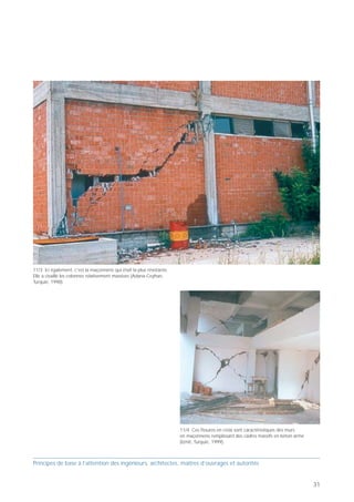 11/3 Ici également, c'est la maçonnerie qui était la plus résistante.
Elle a cisaillé les colonnes relativement massives (Adana-Ceyhan,
Turquie, 1998).




                                                                        11/4 Ces fissures en croix sont caractéristiques des murs
                                                                        en maçonnerie remplissant des cadres massifs en béton armé
                                                                        (Izmit, Turquie, 1999).



Principes de base à l’attention des ingénieurs, architectes, maîtres d’ouvrages et autorités


                                                                                                                                     31
 