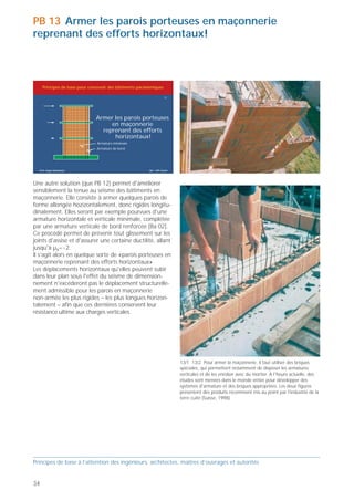 PB 13 Armer les parois porteuses en maçonnerie
reprenant des efforts horizontaux!



     Principes de base pour concevoir des bâtiments parasismiques

                                                                       13




                               Armer les parois porteuses
                                    en maçonnerie
                                 reprenant des efforts
                                     horizontaux!
                                Armature minimale
                                Armature de bord




  Prof. Hugo Bachmann                                     ibk – EPF Zurich




Une autre solution (que PB 12) permet d'améliorer
sensiblement la tenue au séisme des bâtiments en
maçonnerie. Elle consiste à armer quelques parois de
forme allongée hozizontalement, donc rigides longitu-
dinalement. Elles seront par exemple pourvues d'une
armature horizontale et verticale minimale, complétée
par une armature verticale de bord renforcée [Ba 02].
Ce procédé permet de prévenir tout glissement sur les
joints d'assise et d'assurer une certaine ductilité, allant
jusqu'à µ∆=~2.
Il s’agit alors en quelque sorte de «parois porteuses en
                                                                                                                                                     13/3 Pour ce type d'armature, les fers verticaux se terminent en
maçonnerie reprenant des efforts horizontaux».                                                                                                       haut et en bas par des boucles qui se prolongent sur 2 rangs
Les déplacements horizontaux qu'elles peuvent subir                                                                                                  de briques. Les fers de liaison servant à fixer les parois aux dalles,
dans leur plan sous l'effet du séisme de dimension-                                                                                                  respectivement aux parois inférieures, revêtent une grande
nement n'excéderont pas le déplacement structurelle-                                                                                                 importance (Suisse, 1998).
ment admissible pour les parois en maçonnerie
non-armée les plus rigides – les plus longues horizon-
talement – afin que ces dernières conservent leur
résistance ultime aux charges verticales.




                                                                             13/1 13/2 Pour armer la maçonnerie, il faut utiliser des briques
                                                                             spéciales, qui permettent notamment de disposer les armatures
                                                                             verticales et de les enrober avec du mortier. A l'heure actuelle, des
                                                                             études sont menées dans le monde entier pour développer des
                                                                             systèmes d'armature et des briques appropriées. Les deux figures                                                                                 13/4 13/5 Lorsque l'on exerce une précontrainte verticale, la force
                                                                             présentent des produits récemment mis au point par l'industrie de la                                                                             normale ainsi générée permet d'améliorer notablement le
                                                                             terre cuite (Suisse, 1998).                                                                                                                      comportement des parois en maçonnerie soumises aux tremble-
                                                                                                                                                                                                                              ments de terre (Suisse, 1996).




Principes de base à l’attention des ingénieurs, architectes, maîtres d’ouvrages et autorités                                                         Principes de base à l’attention des ingénieurs, architectes, maîtres d’ouvrages et autorités


34                                                                                                                                                                                                                                                                                             35
 