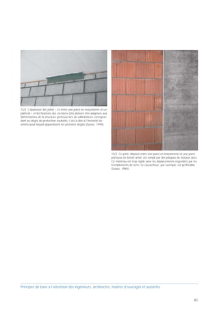 PB 15 Dans les constructions à ossature, séparer les
parois non-porteuses par des joints!



     Principes de base pour concevoir des bâtiments parasismiques

                                                                       15


                   Caoutchouc
                    10–40 mm

                                            Dans les
                                          constructions
                                           à ossature,
                                        séparer les parois
                                          non-porteuses
                                          par des joints!


  Prof. Hugo Bachmann                                     ibk – EPF Zurich

                                                                                                                                                 15/2 L'épaisseur des joints – ici entre une paroi en maçonnerie et un
Dans les constructions à ossature relativement peu                                                                                               plafond – et les fixations des cornières (vis) doivent être adaptées aux
rigides, il peut s'avérer judicieux de prévoir des joints                                                                                        déformations de la structure porteuse lors de sollicitations correspon-
                                                                                                                                                 dant au degré de protection souhaité, c'est-à-dire à l'intensité du
pour séparer la structure porteuse et les parois                                                                                                 séisme pour lequel apparaissent les premiers dégâts (Suisse, 1994).
intermédiaires non-porteuses, notamment les parois en
maçonnerie, qui ont un comportement rigide et
fragile. On évitera ainsi qu'elles soient endommagées
par des tremblements de terre de faible intensité. Il
convient de disposer des joints le long des colonnes,
parois porteuses et dalles, et de les remplir de matériau
tout à la fois souple et insonorisant, telles les plaques                                                                                                                                                                   15/3 Ce joint, disposé entre une paroi en maçonnerie et une paroi
en caoutchouc. Les mousses dures, le liège, etc., sont                                                                                                                                                                      porteuse en béton armé, est rempli par des plaques de mousse dure.
en revanche trop rigides. L'ouverture des joints, géné-                                                                                                                                                                     Ce matériau est trop rigide pour les déplacements engendrés par les
                                                                                                                                                                                                                            tremblements de terre. Le caoutchouc, par exemple, est préférable
ralement de 10 à 40 mm, dépend de la rigidité de la                          15/1 Ici, la paroi en maçonnerie et la colonne en béton armé sont
                                                                                                                                                                                                                            (Suisse, 1994).
structure porteuse et de la déformabilité des parois                         séparées par un joint vertical, certainement beaucoup trop mince
intermédiaires, ainsi que du degré de protection                             (Suisse, 1994).
souhaité (séisme pour lequel apparaissent les premiers
dégâts < séisme de dimensionnement). Habituelle-
ment, il y a également lieu d'assurer les parois contre
les accélérations hors plan, par exemple à l'aide de
cornières.




Principes de base à l’attention des ingénieurs, architectes, maîtres d’ouvrages et autorités                                                     Principes de base à l’attention des ingénieurs, architectes, maîtres d’ouvrages et autorités


40                                                                                                                                                                                                                                                                                          41
 