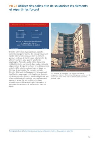 PB 21 Privilégier les configurations compactes!                                                                                                     PB 22 Utiliser des dalles afin de solidariser les éléments
                                                                                                                                                    et répartir les forces!



     Principes de base pour concevoir des bâtiments parasismiques                                                                                       Principes de base pour concevoir des bâtiments parasismiques

                                                                       21                                                                                                                                                 22


                        défavorable           mieux
                                                                                                                                                                            Défavorable         Mieux




                                                                                                                                                                  Assurer la solidarité des éléments
                                                                                                                                                                        et répartir les forces
         Privilégier les configurations compactes!                                                                                                                  par l’intermédiaire de dalles!
  Prof. Hugo Bachmann                                     ibk – EPF Zurich                                                                            Prof. Hugo Bachmann                                    ibk – EPF Zurich




Lors de la conception en plan d'un bâtiment, on                              21/1 Pour que les ailes de tels bâtiments – disposées perpendiculai-   Dans les bâtiments à plusieurs étages, les dalles
devrait se faire une image aussi réaliste que possible                       rement l'une à l'autre – puissent osciller indépendamment,             doivent se comporter comme des voiles pratiquement
                                                                             il faut les séparer par un joint très souple et suffisamment large
du comportement dynamique de ses composants.                                 (Suisse, 2001).
                                                                                                                                                    rigides. Elles seront reliées avec tous les éléments
Dans la configuration en L peu compacte de l'exemple                                                                                                porteurs verticaux de manière apte à transmettre des
proposé, les ailes gauche et droite du bâtiment présen-                                                                                             efforts tranchants, pour garantir un effet de
tent des rigidités très différentes vis-à-vis des actions                                                                                           diaphragme. Ainsi, elles sont à même d’assurer la
sismiques dans les deux directions principales horizon-                                                                                             solidarité entre les composants dans le plan horizontal
tales. Elles tendent à osciller très différemment l'une de                                                                                          et permettent de répartir les forces et les déplacements
l'autre, en se gênant donc mutuellement.                                                                                                            entre les différents éléments porteurs verticaux, en
Les angles des dalles et l'extrémité des ailes subissent                                                                                            fonction de leur rigidité. Par exemple, les dalles
de grosses sollicitations, si bien qu'il faut procéder à un                                                                                         formées d'éléments préfabriqués sont généralement
                                                                                                                                                                                                                                22/1 Un angle de ce bâtiment s'est effondré. Les dalles se
renforcement parasismique souvent très onéreux.                                                                                                     insuffisantes pour assurer cette fonction de diaphrag-                      composaient seulement d'éléments préfabriqués sans béton armé de
Le problème peut être évité en séparant les deux ailes                                                                                              me à moins que les éléments soient solidarisés par une                      couverture ni liaison armée avec les éléments porteurs verticaux
par un joint exécuté dans les règles de l'art. Il en                                                                                                chape de béton armé coulée sur place suffisamment                           (Arménie, 1988).
résulte deux bâtiments rectangulaires, très compacts                                                                                                épaisse et armée. On leur préférera des dalles
qui peuvent osciller indépendamment.                                                                                                                monolithiques en béton armé, qui comprendront si
                                                                                                                                                    nécessaire des armatures de renforcement dans les
                                                                                                                                                    bords.




Principes de base à l’attention des ingénieurs, architectes, maîtres d’ouvrages et autorités                                                        Principes de base à l’attention des ingénieurs, architectes, maîtres d’ouvrages et autorités


52                                                                                                                                                                                                                                                                                           53
 