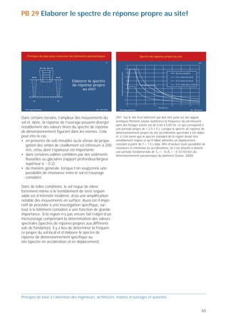 PB 28 Protéger les fondations                                                                                                                           PB 29 Elaborer le spectre de réponse propre au site!
grâce au dimensionnement en capacité!



                                                                             Pour s'assurer que les forces résultant de l'action sismi-
     Principes de base pour concevoir des bâtiments parasismiques                                                                                           Principes de base pour concevoir des bâtiments parasismiques                                                 Spectre de réponse propre au site
                                                                             que pourront bien être diffusées dans le sol, il convient
                                                                       28    donc d'étudier leur transmission à travers toute la                                                                                              29                                                                                                    29/1


                                                                             fondation. On peut accepter que le sol soit soumis à
                                                                             des sollicitations dynamiques plus élevées que les




                                                                                                                                                                                                                                         Accélération spectrale (m/s2)
                                                                                                                                                                                                                                                                                                     Site de Lutzelhof
                                           Protéger les                      sollicitations statiques correspondantes, mais il faut veiller                                                                                                                                                          EC 8, classe de sols B

                                         fondations grâce                    à ce qu’il ne subisse en aucun cas des déformations                                                              Elaborer le spectre                                                                                    EC 8, classe de sols A

                           Efforts de au dimensionnement                     plastiques [SK 97].                                                                                              de réponse propre                                                                                      EC 8, réduit pour rocher
                           surrésistance
                                           en capacité!                                                                                                                                             au site!



                                                                                                                                                                                                                                                                                       Période (s)
  Prof. Hugo Bachmann                                     ibk – EPF Zurich                                                                                Prof. Hugo Bachmann                                    ibk – EPF Zurich      Prof. Hugo Bachmann                                                               ibk – EPF Zurich




La tenue des bâtiments dépend étroitement de la                                                                                                         Dans certains terrains, l’ampleur des mouvements du                         29/1 Sur le site d'un bâtiment qui doit être posé sur des appuis
faculté des fondations à reprendre les forces sismiques.                                                                                                sol et, donc, la réponse de l’ouvrage peuvent diverger                      sismiques flottants («base isolation») la fréquence du sol mesurée
                                                                                                                                                                                                                                    dans des forages voisins est de 0.65 à 0.85 Hz, ce qui correspond à
La plupart du temps, les parois ou les colonnes sont                                                                                                    notablement des valeurs tirées du spectre de réponse                        une période propre de 1.2 à 1.5 s. Lorsque le spectre de réponse de
encastrées dans une structure de fondation compre-                                                                                                      de dimensionnement figurant dans les normes. Cela                           dimensionnement propre au site (accélération spectrale) a été élabo-
nant un ou plusieurs sous-sols («caissons rigides»), ou                                                                                                 peut être le cas :                                                          ré, il s'est avéré que le spectre standard de la région devait être
dans un radier massif. Comme les points d'encastre-                                                                                                     • en présence de sols meubles où la vitesse de propa-                       sensiblement majoré et qu'il fallait admettre un déplacement
ment tendent à se plastifier, il faut faire en sorte que                                                                                                   gation des ondes de cisaillement est inférieure à 200                    constant à partir de T = 1.5 s déjà. Afin d'exclure toute possibilité de
                                                                                                                                                                                                                                    résonance et minimiser les accélérations, on s'est attaché à obtenir
les efforts de surrésistance auxquels ils sont soumis                                                                                                      m/s, et/ou dont l’épaisseur est importante;                              une période fondamentale de T0 =~ 3s (f0 =~ 0.33 Hz) lors du
selon les termes de la méthode du dimensionnement                                                                                                       • dans certaines vallées comblées par des sédiments                         dimensionnement parasismique du bâtiment (Suisse, 2000).
en capacité puissent être repris par les fondations et                       28/1 Sur ce chantier, il a fallu poser des tirants d'ancrage dans le sol      fluviatiles ou glaciaires (rapport profondeur/largeur
reportés dans le sol sans que ni le sol ni les fondations                    pour empêcher que la fondation des parois porteuses en béton armé             supérieur à ~ 0.2);
                                                                             ductiles – qui doivent encore être bétonnées – ne risque de se soule-
ne se plastifient [PB 90]. Les fondations devraient                                                                                                     • de manière générale, lorsque l’on soupçonne une
                                                                             ver (Suisse, 1999).
toujours rester dans un état élastique, car les déforma-                                                                                                   possibilité de résonance entre le sol et l’ouvrage
tions plastiques à leur niveau occasionnent générale-                                                                                                      considéré.
ment des déplacements et des sollicitations incontrôlés
dans les étages supérieurs. De plus, il est bien plus                                                                                                   Dans de telles conditions, le sol risque de vibrer
difficile d'exécuter des réparations au niveau des                                                                                                      fortement même si le tremblement de terre respon-
fondations que dans les étages supérieurs. C'est pour-                                                                                                  sable est d’intensité modérée, d’où une amplification
quoi il faut prévoir une armature renforcée juste sous                                                                                                  notable des mouvements en surface. Aussi est-il impé-
les zones plastifiables et la mettre en œuvre comme il                                                                                                  ratif de procéder à une investigation spécifique, sur-
convient [D0171].                                                                                                                                       tout si le bâtiment considéré a une fonction de grande
                                                                                                                                                        importance. Si la région n’a pas encore fait l’objet d’un
Lorsque la fondation forme un caisson rigide composé                                                                                                    microzonage comprenant la détermination des valeurs
de parois et dalles en béton armé, il faut s'assurer que                                                                                                spectrales (spectres de réponse propres aux différents
les forces de cisaillement, de traction et de compres-                                                                                                  sols de fondation), il y a lieu de déterminer la fréquen-
sion des zones plastiques des parois soient reportées                                                                                                   ce propre du sol local et d’élaborer le spectre de
comme il convient des dalles au radier, en passant par                                                                                                  réponse de dimensionnement spécifique au
les parois extérieures. Il peut notamment s'avérer néces-                                                                                               site (spectre en accélération et en déplacement).
saire de renforcer les éléments porteurs (en tenant
compte des éventuels évidements et ouvertures),
d'épaissir le radier et de prendre en considération
l'augmentation locale des contraintes exercées sur le
sol de fondation au droit des parois.




Principes de base à l’attention des ingénieurs, architectes, maîtres d’ouvrages et autorités                                                            Principes de base à l’attention des ingénieurs, architectes, maîtres d’ouvrages et autorités


64                                                                                                                                                                                                                                                                                                                                         65
 