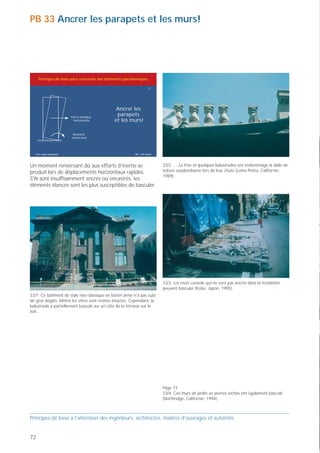 PB 33 Ancrer les parapets et les murs!




     Principes de base pour concevoir des bâtiments parasismiques

                                                                       33




                                              Ancrer les
                         Force sismique
                                               parapets
                           horizontale        et les murs!

                          Moment
                         renversant




   Prof. Hugo Bachmann                                    ibk – EPF Zurich




Un moment renversant dû aux efforts d’inertie se                             33/2 … La frise et quelques balustrades ont endommagé la dalle de
produit lors de déplacements horizontaux rapides.                            toiture surplombante lors de leur chute (Loma Prieta, Californie,
                                                                             1989).
S'ils sont insuffisamment ancrés ou encastrés, les
éléments élancés sont les plus susceptibles de basculer.




                                                                             33/3 Les murs console qui ne sont pas ancrés dans la fondation
                                                                             peuvent basculer (Kobe, Japon, 1995).
33/1 Ce bâtiment de style néo-classique en béton armé n'a pas subi
de gros dégâts. Même les vitres sont restées intactes. Cependant, la
balustrade a partiellement basculé sur un côté de la terrasse sur le
toit…




                                                                             Page 73
                                                                             33/4 Ces murs de jardin en pierres sèches ont également basculé
                                                                             (Northridge, Californie, 1994).



Principes de base à l’attention des ingénieurs, architectes, maîtres d’ouvrages et autorités


72
 