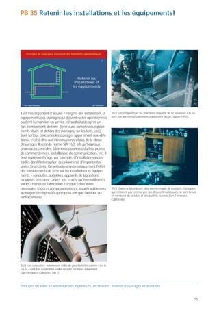 PB 34 Bien fixer les faux-plafonds et les luminaires!                                                                                              PB 35 Retenir les installations et les équipements!




     Principes de base pour concevoir des bâtiments parasismiques                                                                                       Principes de base pour concevoir des bâtiments parasismiques

                                                                       34                                                                                                                                                 35




                                            Bien fixer les
                                           faux-plafonds                                                                                                                                         Retenir les
                                          et les luminaires!                                                                                                                                  installations et
                                                                                                                                                                                             les équipements!




   Prof. Hugo Bachmann                                    ibk – EPF Zurich                                                                            Prof. Hugo Bachmann                                    ibk – EPF Zurich




La chute de faux-plafonds ou de luminaires représente                        34/2 … qui sont simplement suspendus à des fils métalliques de        Il est très important d’assurer l’intégrité des installations et             35/2 Les récipients et les machines risquent de se renverser s'ils ne
un grave danger pour les personnes. Il faut donc                             petit diamètre sont très dangereux pour les personnes (Northridge,    équipements des ouvrages qui doivent rester opérationnels                    sont pas ancrés suffisamment solidement (Kobe, Japon 1995).
                                                                             Californie, 1994).
prévoir des fixations aptes à résister avec une marge                                                                                              ou dont le maintien en service est souhaitable après un
suffisante non seulement au poids propre de ces                                                                                                    fort tremblement de terre (tenir aussi compte des équipe-
équipements, mais également aux efforts occasionnés                                                                                                ments situés en dehors des ouvrages, sur les toits, etc.).
par les accélérations et vibrations verticales et horizon-                                                                                         Sont surtout concernés les ouvrages appartenant aux «life-
tales. Il en va de même pour les fixations des gaines                                                                                              lines», c'est-à-dire aux infrastructures vitales de la classe
d’aération et conduits de toute nature passant dans                                                                                                d'ouvrages III selon la norme SIA 160, tels qu'hôpitaux,
l’espace entre le plafond porteur et le plafond                                                                                                    pharmacies centrales, bâtiments du service du feu, postes
suspendu.                                                                                                                                          de commandement, installations de communication, etc. Il
                                                                                                                                                   peut également s'agir, par exemple, d'installations indus-
                                                                                                                                                   trielles dont l'interruption occasionnerait d'importantes
                                                                                                                                                   pertes financières. On y étudiera systématiquement l'effet
                                                                                                                                                   des tremblements de terre sur les installations et équipe-
                                                                                                                                                   ments – conduites, sprinklers, appareils de laboratoire,
                                                                                                                                                   récipients, armoires, casiers, etc. – ainsi qu'éventuellement
                                                                                                                                                   sur les chaînes de fabrication. Lorsque cela s'avère
                                                                                                                                                   nécessaire, tous ces composants seront assurés solidement                    35/3 Dans ce laboratoire, des verres remplis de produits chimiques,
                                                                                                                                                   au moyen de dispositifs appropriés tels que fixations ou                     qui n'étaient pas retenus par des dispositifs adéquats, se sont brisés
                                                                                                                                                                                                                                en tombant de la table et des buffets ouverts (San Fernando,
                                                                                                                                                   renforcements.
                                                                                                                                                                                                                                Californie).




34/1 Des faux-plafonds et des revêtements de plafond …




                                                                             34/3 34/4 Des luminaires aussi mal fixés ou simplement accrochés au
                                                                             plafond risquent également de tomber et de blesser des personnes
                                                                             (San Fernando, Californie, 1971).                                     35/1 Les conduites – notamment celles de gros diamètre comme c'est le
                                                                                                                                                   cas ici – sont très vulnérables si elles ne sont pas fixées solidement
                                                                                                                                                   (San Fernando, Californie, 1971).



Principes de base à l’attention des ingénieurs, architectes, maîtres d’ouvrages et autorités                                                       Principes de base à l’attention des ingénieurs, architectes, maîtres d’ouvrages et autorités


74                                                                                                                                                                                                                                                                                                  75
 