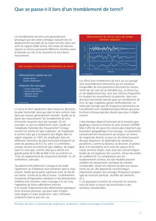 Objectifs                                                                                                               Que se passe-t-il lors d'un tremblement de terre?




Le présent document offre un large aperçu de l’art de      Les principes de base (PB) sont regroupés selon les          Les tremblements de terre sont généralement                                 Mouvements du sol au cours du temps
la conception parasismique des bâtiments. Il expose        thèmes suivants:                                             provoqués par des ondes sismiques naissant lors de                                 «Séisme valaisan»
des principes de base à suivre pour réaliser des           • collaboration, normes et coûts (PB 1 à PB 3);              déplacements saccadés de la croûte terrestre dans une                                                                       E/2

ouvrages aptes à résister aux tremblements de terre.       • contreventements et déformations (PB 4 à PB20);            zone de rupture (faille active). Des ondes de diverses
Ces principes régissent essentiellement                    • conception dans le plan horizontal (PB21 et PB 22);        natures et vitesses parcourent différents chemins avant
                                                           • mise en œuvre des dispositifs constructifs (PB 23 à        d’atteindre un site et de soumettre le sol à divers
• la conception et                                           PB 27);                                                    mouvements.
• les dispositions constructives                           • fondations et sols (PB 28 à PB 31);
                                                           • éléments non-porteurs et installations (PB 32 à PB
pour
                                                             35).                                                           Que se passe-t-il lors d’un tremblement de terre?
• la structure porteuse et
                                                                                                                                                                                  E/1
• les éléments non porteurs                                Il va de soi que tous les principes ne revêtent pas la                                                                                                  Temps (s)

                                                           même importance, que ce soit dans un contexte géné-                Mouvements rapides du sol:
                                                                                                                                                                                           Prof. Hugo Bachmann                          EPF Zurich ibk


La conception et le choix des détails constructifs de la   ral ou en relation avec un objet précis. Des compromis,                 Quelle durée?
structure porteuse (parois, colonnes, dalles) et des       basés sur le jugement de l'ingénieur, peuvent être                      Quelle amplitude?                                     Les effets d'un tremblement de terre sur un ouvrage
éléments non-porteurs (cloisons intérieures, éléments      admis en fonction du danger encouru (zone de danger                                                                           sont essentiellement déterminés par les variations
                                                                                                                              Réponse des ouvrages:
de façade) jouent un rôle déterminant dans la tenue        sismique, caractéristiques locales des sols) et des parti-                                                                    temporellles de trois paramètres décrivant les mouve-
                                                                                                                                   – Fortes vibrations
des bâtiments (comportement avant la rupture) et leur      cularités de l'ouvrage concerné. On respectera toujours                 – Fortes sollicitations                               ments du sol, soit son accélération (ag), sa vitesse (vg)
vulnérabilité face aux séismes (sensibilité à l'endomma-   scrupuleusement les principes de base déterminants                      – Rupture locale                                      et son déplacement (dg), avec leur contenu fréquentiel.
gement). En effet, aussi poussés soient-ils, les calculs   pour la sécurité des personnes, notamment ceux qui                      – Effondrement                                        En étudiant les mouvements occasionnés, dans une
d'ingénieur et le dimensionnement ne sont pas à            ont trait aux contreventements. Seuls les principes                                                                           direction horizontale donnée pour un tremblement de
même de compenser à posteriori les erreurs ou les          essentiellement destinés à réduire les dégâts matériels        Prof. Hugo Bachmann                           EPF Zurich ibk
                                                                                                                                                                                         terre de type «valaisan» généré artificiellement, on
défauts de conception au plan parasismique. Il est en      peuvent par contre faire l'objet de concessions.                                                                              relève par exemple que les fréquences dominantes de
outre impératif de concevoir les bâtiments selon les                                                                    Le sol va et vient rapidement dans toutes les directions         l'accélération sont notablement plus élevées que pour
règles parasismiques si l'on entend les doter d'une        Ce document s'adresse d'abord aux professionnels de          du plan horizontal, ainsi que dans le sens vertical, mais        la vitesse et beaucoup plus élevées que pour le dépla-
bonne tenue aux tremblements de terre sans occasion-       la construction, tels qu'ingénieurs civils et architectes,   dans une mesure généralement moindre. Quelle est la              cement.
ner de surcoûts notables.                                  mais il intéressera également les maîtres d'ouvrages et      durée des mouvements? Un tremblement de terre
                                                           les autorités en charge de la construction. S'il se prête    d'intensité moyenne dure par exemple 10–20                       L’aléa sismique dépend fortement de la situation géo-
Les principes figurant dans ce document s’appliquent       bien à l'étude personnelle, on peut également s’en           secondes, ce qui est relativement court. Quelle est              graphique comme le montre la carte annexée [GM98].
donc essentiellement aux nouvelles constructions.          servir avec profit pour élaborer des exposés lors de         l'amplitude maximale des mouvements? Lorsque                     Mais l’effet de site peut être encore plus important que
Cependant, il est bien clair qu’ils peuvent aussi être     séminaires et de cours de perfectionnement ou pour           survient un séisme de type «valaisan», de magnitude              la position géographique d’un ouvrage. Les paramètres
mis à contribution pour expertiser et assainir le cas      dispenser des cours dans les Hautes écoles. A cet effet,     6 comme celui qui a occasionné des dégâts dans la                caractérisant les mouvements du sol pour un séisme
échéant les bâtiments existants. C’est pourquoi cer-       des illustrations peuvent être obtenues auprès de            région viègeoise en 1855, les amplitudes dans les                de magnitude donnée et pour un site donné peuvent
tains exemples de mise en œuvre des principes sont         l'éditeur sous forme numérique (CD). Tous les autres         différentes directions du plan horizontal atteignent un          diverger largement. Ils dépendent de nombreux
tirés d'ouvrages existants.                                droits, concernant notamment la reproduction des             ordre de grandeur de 8 à 10, voire 12 centimètres.               paramètres, comme la distance, la direction, la profon-
                                                           illustrations et du texte, restent réservés.                 Lorsque survient un séisme de type «bâlois», de magni-           deur et le mécanisme de la zone de rupture de la
Les principes de base sont intentionnellement simples.                                                                  tude 6.5 voire plus, comme celui qui a détruit une               croûte terrestre (foyer), mais aussi des caractéristiques
Les calculs et le dimensionnement ne sont introduits                                                                    grande partie de la ville de Bâle et de ses environs en          locales du sol (épaisseur des couches, vitesse des ondes
que de manière marginale. Le lecteur a la possibilité                                                                   1356, les déplacements du sol peuvent atteindre 15–20            de cisaillement). En comparaison avec les
d’approfondir les points qui l’intéressent en consultant                                                                centimètres, voire plus.                                         soubassements rocheux, les sols meubles peuvent
la littérature spécialisée (p. ex. [Ba 02]).                                                                                                                                             amplifier les mouvements sismiques de manière
La formule des principes de base est née dans le cadre                                                                  Qu'advient-il des bâtiments? Lorsque le sol oscille              considérable. Quant à la réponse du bâti aux mouve-
de nombreux exposés que l'auteur a présentés entre                                                                      rapidement, les fondations sont entraînées dans le mou-          ments du sol, elle dépend de caractéristiques
1997 et 2000 et dont le contenu a été continuelle-                                                                      vement, tandis que la partie supérieure tend, du fait de         importantes propres aux ouvrages (fréquences propres,
ment approfondi et remanié. Chaque principe est                                                                         son inertie, à rester là où elle se trouve. Ce phénomène         type de structure porteuse, ductilité des éléments,
introduit par une figure schématique (synthèse du                                                                       occasionne d'importantes vibrations et des phénomènes            etc.).
principe), puis par un texte d'ordre général. Chaque                                                                    similaires à la résonance entre l’ouvrage et le sol, d’où        C’est pourquoi il convient de concevoir les construc-
principe est illustré par des photos de dégâts, des                                                                     l’apparition de fortes sollicitations internes.                  tions de façon à couvrir des incertitudes et des
exemples positifs ou négatifs et des explications spéci-                                                                Il en résulte fréquemment des déformations plastiques            variations considérables.
fiques.                                                                                                                 de la structure porteuse, qui peut subir d'impor-
                                                                                                                        tants dégâts et céder localement, voire s'effondrer
                                                                                                                        totalement dans le pire des cas.

Principes de base à l’attention des ingénieurs, architectes, maîtres d’ouvrages et autorités                            Principes de base à l’attention des ingénieurs, architectes, maîtres d’ouvrages et autorités


6                                                                                                                                                                                                                                                         7
 