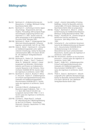 Crédit d'illustrations                                                                         Bibliographie




Les illustrations ont été aimablement fournies par les                                         [Ba 02]   Bachmann H.: «Erdbebensicherung von               [La 02]   Lang K.: «Seismic Vulnerability of Existing
personnes et institutions suivantes:                                                                     Bauwerken». 2. Auflage. Birkhäuser Verlag                   Buildings». Institut für Baustatik und Kons-
                                                                                                         Basel Boston Berlin 2002.                                   truktion (IBK), ETH Zürich. Birkhäuser Verlag
Walter Ammann, Davos: 11/2, 20/1, 20/2, 20/3                                                   [Ba 01]   Bachmann H.: «Softening as Seismic Upgra-                   Basel Boston Berlin 2002 (en préparation).
Hugo Bachmann, Zurich: illustrations des principes de                                                    ding Strategy – Requirements and Case             [PB 90] Paulay T., Bachmann H., Moser K.: «Erdbe-
base 1 à 35, E/1, E/2, E/3, 1/1, 1/2, 2/1, 2/2, 4/9, 4/10,                                               Studies». Proceedings 20th European Regio-                  benbemessung von Stahlbetonhochbauten».
6/1, 7/1, 8/1, 8/2, 9/1, 9/3, 9/4, 10/1, 12/1, 12/2, 12/3,                                               nal Earthquake Engineering Seminar Sion,                    Birkhäuser Verlag Basel Boston Berlin 1990.
12/4, 12/5, 15/1, 15/2, 15/3, 17/6, 21/1, 25/1, 26/1,                                                    September 3-7, 2001. Société suisse du            [PP 92] Paulay T., Priestley M.J.N.: «Seismic Design of
26/3, 26/5, 26/6, 27/3, 31/3                                                                             génie parasismique et de la dynamique des                   Reinforced Concrete and Masonry
                                                                                                         structures SGEB, Martigny 2001.                             Structures». John Wiley & Sons, New York
Marc Badoux, Lausanne: 30/1
                                                                                               [BW 98]   Bachmann H., Wenk T.: «Ungenügende Duk-                     1992.
Alessandro Dazio, San Diego CA: couverture: image                                                        tilität beim Bewehrungsstahl». Schweizer          [Sc 00] Schumacher R.: «Zur rechtlichen Verantwor-
avec armature, 9/2, 23/1, 24/1, 24/2, 24/3, 24/4, 25/3                                                   Ingenieur und Architekt, Heft 29, Juli 1998.                tung für die Erdbebensicherung von Bauwer-
Martin Koller, Carouge: 28/1, 29/1                                                             [DW 99]   Dazio A., Wenk T., Bachmann H.: «Versuche                   ken «. Documentation SGEB/SIA D0162
Pierino Lestuzzi, Lausanne: 4/2, 4/3, 11/3, 11/4, 17/2,                                                  an Stahlbetontragwänden unter zyklisch-                     «Erdbebenvorsorge in der Schweiz –
17/3, 17/4, 17/5, 25/2, 30/2                                                                             statischer Einwirkung». Institut für Baustatik              Massnahmen bei neuen und bestehenden
                                                                                                         und Konstruktion (IBK), ETH Zürich. Bericht                 Bauwerken», Société suisse des ingénieurs et
Eberhard Luz, Stuttgart: 14/1, 22/1, 22/2, 22/3
                                                                                                         Nr. 239, Birkhäuser Verlag Basel Boston                     architectes, Zurich 2000.
Roland Madöry, Bâle 31/1                                                                                 Berlin 1999.                                      [SIA 160] SIA 160 (norme): «Actions sur les structures
Paul Missbauer, Sion: 31/1                                                                     [D0150]   Bachmann H., Darbre G.R., Deichmann N.,                     porteuses «. Société suisse des ingénieurs et
Kaspar Peter, Lausanne: 14/2                                                                             Koller M.G., Studer J., Tiniç S., Tissières P.,             architectes, Zurich 1989.
Meta Sozen, Illinois: 30/3                                                                               Wenk Th., Wieland M., Zwicky P.: «Hand-           [SK 97] Studer J., Koller M.G.: «Erdbebengerechter
                                                                                                         lungsbedarf von Behörden, Hochschulen,                      Entwurf und Kapazitätsbemessung eines
Dieter Wepf, Flawil: 11/1, 16/3                                                                          Industrie und Privaten zur Erdbebensiche-                   Gebäudes mit Stahlbetontragwänden».
Thomas Wenk, Zurich: couverture: image avec bâti-                                                        rung der Bauwerke in der Schweiz». Docu-                    Documentation SGEB/SIA D0171, Société
ment, 4/4, 4/5, 4/6, 4/7, 4/8, 5/2, 5/3, 6/2, 6/3, 6/4,                                                  mentation SGEB/SIA D0150, Société suisse                    suisse des ingénieurs et architectes, Zurich
6/5, 6/6, 13/6, 13/7, 14/3, 16/2, 27/1, 27/2, 30/4,                                                      des ingénieurs et architectes, Zurich 1998.                 2002.
32/1, 32/4                                                                                     [D0171]   Bachmann H., Dazio A., Bruchez P., Mittaz         [TD 01] Thiele K., Dazio A., Bachmann H.: «Beweh-
                                                                                                         X., Peruzzi R., Tissières P.: «Erdbebengerech-              rungsstahl unter zyklischer Beanspruchung».
Architectural Institute of Japan: 5/1, 18/1, 18/2, 18/3,                                                 ter Entwurf und Kapazitätsbemessung eines                   Institut für Baustatik und Konstruktion (IBK),
19/1, 19/2, 19/3, 19/4, 19/5, 19/6, 20/4, 32/2, 32/3,                                                    Gebäudes mit Stahlbetontragwänden».                         ETH Zürich. Bericht Nr. 264, Birkhäuser
33/3                                                                                                     Documentation SGEB/SIA D0171, Société                       Verlag Basel Boston Berlin 2001.
Earthquake Engineering Research Institute, Oakland                                                       suisse des ingénieurs et architectes, Zurich
CA: couverture: image avec tuyauterie, 16/1, 32/3,                                                       2002.
33/1, 33/2, 33/4, 34/1, 34/2, 34/3, 34/4, 35/1, 35/2,                                          [EC 8]    Eurocode 8 (Norm): «Auslegung von
35/3, 35/4, 35/5, 35/6, 35/7, 35/8                                                                       Bauwerken gegen Erdbeben», Teile 1-1, 1-2,
                                                                                                         1-3. Norm SIA V160.811/812/813 als
Losinger AG, Lyssach BE: 13/4, 13/5                                                                      Europäische Vornorm ENV 1998-1-1/-2/-3.
Pacific Earthquake Engineering Research Center,                                                          Société suisse des ingénieurs et architectes,
Berkeley CA: 35/9                                                                                        Zurich 1997.
Industrie suisse de la terre cuite, Zurich:                                                    [GM 98]   Grünthal G., Mayer-Rosa D., Lenhardt
13/1, 13/2, 13/3                                                                                         W.:«Abschätzung der Erdbebengefährdung
                                                                                                         für die D-A-CH-Staaten – Deutschland,
Stahlton AG, Zurich: 26/2, 26/4                                                                          Österreich, Schweiz», Bautechnick 75 1998,
NN.: 4/1, 13/8, 17/1                                                                                     Heft 10, S. 753-767.




Principes de base à l’attention des ingénieurs, architectes, maîtres d’ouvrages et autorités   Principes de base à l’attention des ingénieurs, architectes, maîtres d’ouvrages et autorités


78                                                                                                                                                                                                              79
 