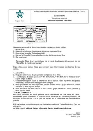 Regional Chocó
Centro de Recursos Naturales Industria y Biodiversidad del Chocó
GUIAS SISTEMAS
Competencia: 220501046
Resultado de aprendizaje: 22050104602
Siga estos pasos aplicar filtros que coincidan con valores de las celdas.
1. Active filtros
2. Haga clic en el menú desplegable del campo que dese filtrar.
3. Desmarque la casilla “Seleccionar todo”
4. Marque la(s) casilla(s) que coincidan con los datos que desea filtrar
5. Clic en aceptar.
Para quitar filtros de un campo haga clic el menú desplegable del campo y clic en
“Borra filtro de nombre del campo”.
Siga estos pasos aplicar filtros que cumplan con determinadas condiciones de las
celdas.
1. Active filtros
2. Haga clic en el menú desplegable del campo que dese filtrar.
3. Tendrá alguna de estas opciones: “Filtro de número”, “Filtro de fecha” o “Filtro de texto”
según el tipo de datos.
4. Seleccione la opción según el criterio que desee aplicar. Podrá repetir los dos pasos
anteriores y aplicar varios filtros por varios campos
5. Para quitar todos los filtros aplicados, clic en la ficha “Inicio”, grupo “Modificar”, botón
“Ordenar y filtrar” opción “Borrar”.
6. Para desactivar los filtros, clic en la ficha “Inicio”, grupo “Modificar”, botón “Ordenar y
filtrar” opción “Filtro”.
TABLAS DINAMICAS
Una tabla dinámica en Excel permite hacer resúmenes de una Base de Datos,
utilizándose para, promediar, o totalizar datos. Para que su uso esté justificado, la
cantidad de información con la que se trabaja en la tabla debe ser relativamente
grande.
El Excel incluye un asistente-guía que facilita la creación de Tablas Dinámicas.Para su
utilización
se debe recurrir a Menú- Datos- Informe de Tablas y gráficos dinámicos.
SENA
TECNICO SISTEMAS
QUIBDO 2015
 