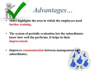 Advantages…
• MBO highlights the area in which the employees need
further training.
• The system of periodic evaluation lets the subordinates
know how well the performs. It helps in their
improvement.
• Improves communication between management and
subordinates.
 