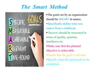 The Smart Method
The goals set by an organization
should be SMART in nature.
Specifically define what you
expect from a employee.
 Success should be measured in
terms of quality, quantity,
timeliness etc.
Make sure that the planned
objective is achievable.
Ensure that the goal is relevant.
Specify when the goal needs to be
completed.
 