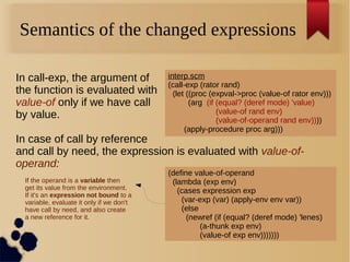 Semantics of the changed expressions
interp.scm
(call-exp (rator rand)
(let ((proc (expval->proc (value-of rator env)))
(arg (if (equal? (deref mode) 'value)
(value-of rand env)
(value-of-operand rand env))))
(apply-procedure proc arg)))
In call-exp, the argument of
the function is evaluated with
value-of only if we have call
by value.
In case of call by reference
and call by need, the expression is evaluated with value-of-
operand:
If the operand is a variable then
get its value from the environment.
If it's an expression not bound to a
variable, evaluate it only if we don't
have call by need, and also create
a new reference for it.
(define value-of-operand
(lambda (exp env)
(cases expression exp
(var-exp (var) (apply-env env var))
(else
(newref (if (equal? (deref mode) 'lenes)
(a-thunk exp env)
(value-of exp env)))))))
 