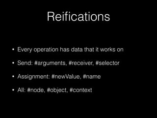 Reiﬁcations
• Every operation has data that it works on
• Send: #arguments, #receiver, #selector
• Assignment: #newValue, #name
• All: #node, #object, #context
 