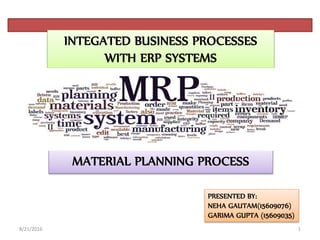 INTEGATED BUSINESS PROCESSES
WITH ERP SYSTEMS
PRESENTED BY:
NEHA GAUTAM(15609076)
MATERIAL PLANNING PROCESS
8/21/2016 1
 