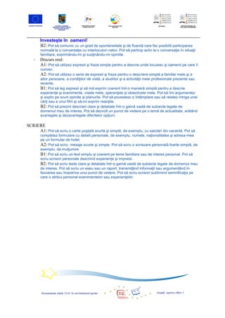 Investeşte în oameni!
          B2: Pot să comunic cu un grad de spontaneitate şi de fluentă care fac posibilă participarea
          normală la o conversaţie cu interlocutori nativi. Pot să particip activ la o conversaţie în situaţii
          familiare, exprimându-mi şi susţinându-mi opiniile.
    -­‐   Discurs oral:
          A1: Pot să utilizez expresii şi fraze simple pentru a descrie unde locuiesc şi oamenii pe care îi
          cunosc.
          A2: Pot să utilizez o serie de expresii şi fraze pentru o descriere simplă a familiei mele şi a
          altor persoane, a condiţiilor de viată, a studiilor şi a activităţii mele profesionale prezente sau
          recente.
          B1: Pot să leg expresii şi să mă exprim coerent într-o manieră simplă pentru a descrie
          experienţe şi evenimente, visele mele, speranţele şi obiectivele mele. Pot să îmi argumentez
          şi explic pe scurt opiniile şi planurile. Pot să povestesc o întâmplare sau să relatez intriga unei
          cărţi sau a unui film şi să-mi exprim reacţiile.
          B2: Pot să prezint descrieri clare şi detaliate într-o gamă vastă de subiecte legate de
          domeniul meu de interes. Pot să dezvolt un punct de vedere pe o temă de actualitate, arătând
          avantajele şi dezavantajele diferitelor opţiuni.

SCRIERE
     A1: Pot să scriu o carte poştală scurtă şi simplă, de exemplu, cu salutări din vacantă. Pot să
          completez formulare cu detalii personale, de exemplu, numele, naţionalitatea şi adresa mea
          pe un formular de hotel.
          A2: Pot să scriu mesaje scurte şi simple. Pot să scriu o scrisoare personală foarte simplă, de
          exemplu, de mulţumire.
          B1: Pot să scriu un text simplu şi coerent pe teme familiare sau de interes personal. Pot să
          scriu scrisori personale descriind experienţe şi impresii.
          B2: Pot să scriu texte clare şi detaliate într-o gamă vastă de subiecte legate de domeniul meu
          de interes. Pot să scriu un eseu sau un raport, transmiţând informaţii sau argumentând în
          favoarea sau împotriva unui punct de vedere. Pot să scriu scrisori subliniind semnificaţia pe
          care o atribui personal evenimentelor sau experienţelor.
 