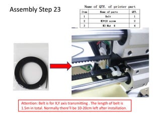 Assembly Step 23
Attention: Belt is for X,Y axis transmitting . The length of belt is
1.5m in total. Normally there’ll be 10-20cm left after installation.
 
