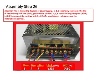 Assembly Step 26
Attention This is the wiring diagram of power supply. 1, 2, 3 seperately represent the line
of fire (brown),Zero line (blue), ground wire (yellow). 4,5, 6 represent negative pole (black)
(-);7,8,9 represent the positive pole (red) (+).To avoid danger , please assure the
installation is correct .
 