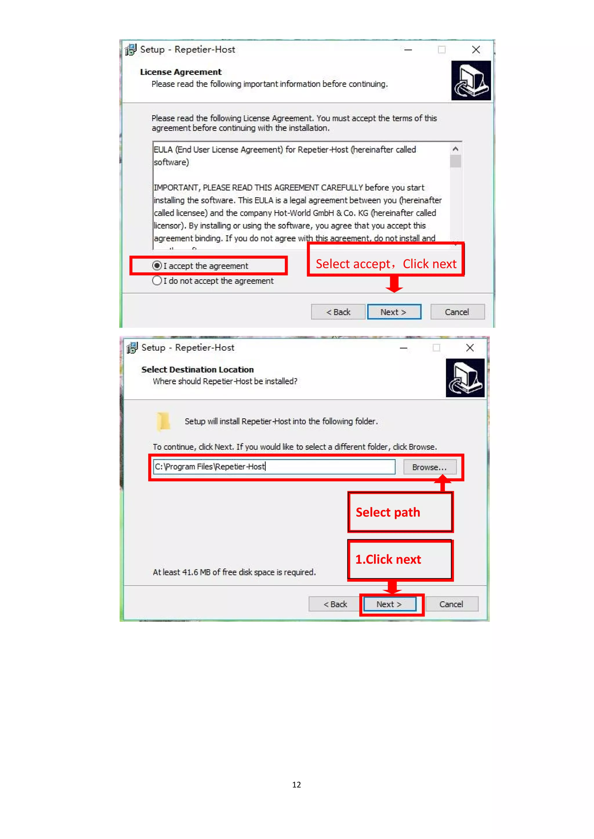 12
Select accept，Click next
1.Click next
Select path
 