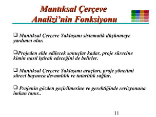 11
Mantıksal ÇerçeveMantıksal Çerçeve
Analizi’nin FonksiyonuAnalizi’nin Fonksiyonu
 Mantıksal Çerçeve Yaklaşımı sistematik düşünmeye
yardımcı olur.
Projeden elde edilecek sonuçlar kadar, proje sürecine
kimin nasıl iştirak edeceğini de belirler.
 Mantıksal Çerçeve Yaklaşımı araçları, proje yönetimi
süreci boyunca devamlılık ve tutarlılık sağlar.
 Projenin gözden geçirilmesine ve gerektiğinde revizyonuna
imkan tanır..
 