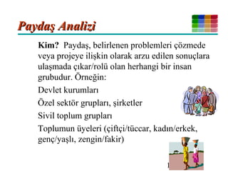 15
Paydaş AnaliziPaydaş Analizi
Kim? Paydaş, belirlenen problemleri çözmede
veya projeye ilişkin olarak arzu edilen sonuçlara
ulaşmada çıkar/rolü olan herhangi bir insan
grubudur. Örneğin:
Devlet kurumları
Özel sektör grupları, şirketler
Sivil toplum grupları
Toplumun üyeleri (çiftçi/tüccar, kadın/erkek,
genç/yaşlı, zengin/fakir)
 