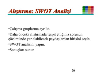 20
Alıştırma: SWOT AnaliziAlıştırma: SWOT Analizi
•Çalışma gruplarına ayrılın
•Daha önceki alıştırmada tespit ettiğiniz sorunun
çözümünde yer alabilecek paydaşlardan birisini seçin.
•SWOT analizini yapın.
•Sonuçları sunun
 