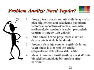 22
Problem Analizi: Nasıl Yapılır?Problem Analizi: Nasıl Yapılır?
1. Projeye konu olacak sorunla ilgili detaylı arka-
plan bilgileri toplanır (akademik yayınların
taranması, raporların okunması, sorundan
etkilenenlerle yapılan istişareler, paydaşlarla
yapılan istişareler ...vb yoluyla)
2. Daha önceki benzer projelerden çıkarılan
dersler göz önünde bulundurulur.
3. Projenin ele aldığı sorunun çeşitli yönlerine
vakıf olmuş kişiler problem analizi
çalışmalarına aktif olarak dahil edilir.
4. Mevcut durumun basitleştirilmiş ancak düzgün
bir şekilde sunulduğu bir problem ağacı
hazırlanır
 
