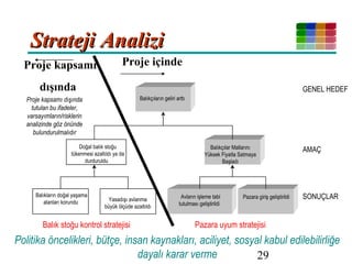 29
Doğal balık stoğu
tükenmesi azaltıldı ya da
durduruldu
Balıkçılar Mallarını
Yüksek Fiyatla Satmaya
Başladı
Balıkçıların geliri arttı
Balıkların doğal yaşama
alanları korundu Yasadışı avlanma
büyük ölçüde azaltıldı
Processing of the
catch improved
Avların işleme tabi
tutulması geliştirildi
Access to the
markets improved
Pazara giriş geliştirildi
Strateji AnaliziStrateji Analizi
Politika öncelikleri, bütçe, insan kaynakları, aciliyet, sosyal kabul edilebilirliğe
dayalı karar verme
Balık stoğu kontrol stratejisi Pazara uyum stratejisi
AMAÇ
GENEL HEDEF
SONUÇLAR
Proje kapsamı dışında
tutulan bu ifadeler,
varsayımların/risklerin
analizinde göz önünde
bulundurulmalıdır
Proje içindeProje kapsamı
dışında
 