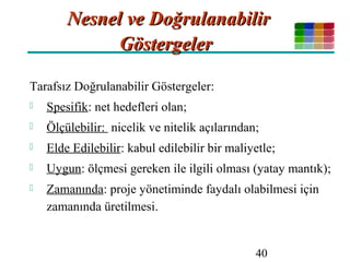 40
Nesnel ve DoğrulanabilirNesnel ve Doğrulanabilir
GöstergelerGöstergeler
Tarafsız Doğrulanabilir Göstergeler:
 Spesifik: net hedefleri olan;
 Ölçülebilir: nicelik ve nitelik açılarından;
 Elde Edilebilir: kabul edilebilir bir maliyetle;
 Uygun: ölçmesi gereken ile ilgili olması (yatay mantık);
 Zamanında: proje yönetiminde faydalı olabilmesi için
zamanında üretilmesi.
 