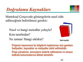 41
Doğrulama Kaynakları
Mantıksal Çerçevede göstergelerin nasıl elde
edileceğinin belirtilmesi gerekir:
Nasıl ve hangi metodlar yoluyla?
Kim tarafından?
Ne zaman/ Hangi sıklıkta?
Projenin tasarımına bu bilgilerin toplanması için gereken
faaliyetler, kaynaklar ve maliyetler dahil edilmelidir.
Proje yöneticisi, sonuçların tedarik edilmesine ve amaca
katkıda bulunmalarına dikkat etmelidir.
İdari kayıtlar
 