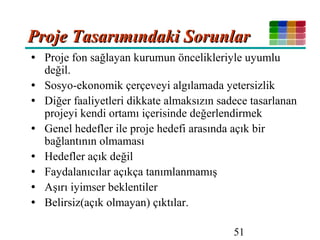 51
Proje Tasarımındaki SorunlarProje Tasarımındaki Sorunlar
• Proje fon sağlayan kurumun öncelikleriyle uyumlu
değil.
• Sosyo-ekonomik çerçeveyi algılamada yetersizlik
• Diğer faaliyetleri dikkate almaksızın sadece tasarlanan
projeyi kendi ortamı içerisinde değerlendirmek
• Genel hedefler ile proje hedefi arasında açık bir
bağlantının olmaması
• Hedefler açık değil
• Faydalanıcılar açıkça tanımlanmamış
• Aşırı iyimser beklentiler
• Belirsiz(açık olmayan) çıktılar.
 