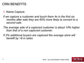 14
CRM BENEFITS
1. Name Capture
if we capture a customer and touch them 4x in the first six
months after sale they are 60% more likely to convert to a
second sale.
The average sale of a captured customer is about 14% higher
than that of a non captured customer.
If 2% additional buyers are captured the average store will
benefit by +$ in sales
 