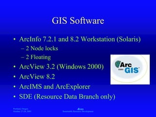 Portland, Oregon
October 27-28, 2003
A
Sustainable Resource Development
GIS Software
• ArcInfo 7.2.1 and 8.2 Workstation (Solaris)
– 2 Node locks
– 2 Floating
• ArcView 3.2 (Windows 2000)
• ArcView 8.2
• ArcIMS and ArcExplorer
• SDE (Resource Data Branch only)
 