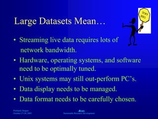 Portland, Oregon
October 27-28, 2003
A
Sustainable Resource Development
Large Datasets Mean…
• Streaming live data requires lots of
network bandwidth.
• Hardware, operating systems, and software
need to be optimally tuned.
• Unix systems may still out-perform PC’s.
• Data display needs to be managed.
• Data format needs to be carefully chosen.
 
