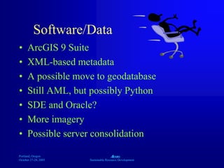 Portland, Oregon
October 27-28, 2003
A
Sustainable Resource Development
• ArcGIS 9 Suite
• XML-based metadata
• A possible move to geodatabase
• Still AML, but possibly Python
• SDE and Oracle?
• More imagery
• Possible server consolidation
Software/Data
 