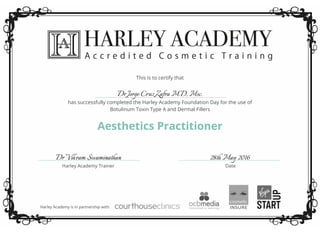 This is to certify that
has successfully completed the Harley Academy Foundation Day for the use of
Botulinum Toxin Type A and Dermal Fillers
Aesthetics Practitioner
Dr Jorge Cruz Zafra M.D, Msc.
Dr Vikram Swaminathan 28th May 2016
Harley Academy Trainer Date
Harley Academy is in partnership with:
 
