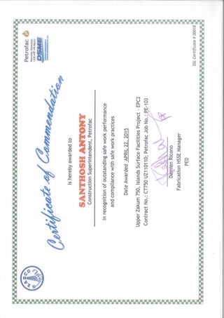 Certificate of commendation for the outstanding safe work performance