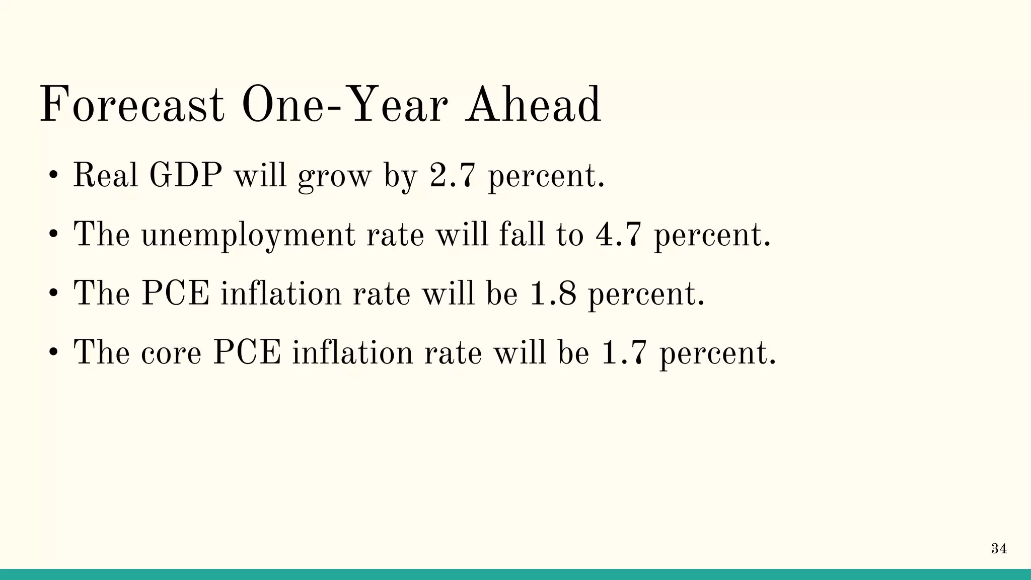 Forecast One-Year Ahead
• Real GDP will grow by 2.7 percent.
• The unemployment rate will fall to 4.7 percent.
• The PCE inflation rate will be 1.8 percent.
• The core PCE inflation rate will be 1.7 percent.
34
 