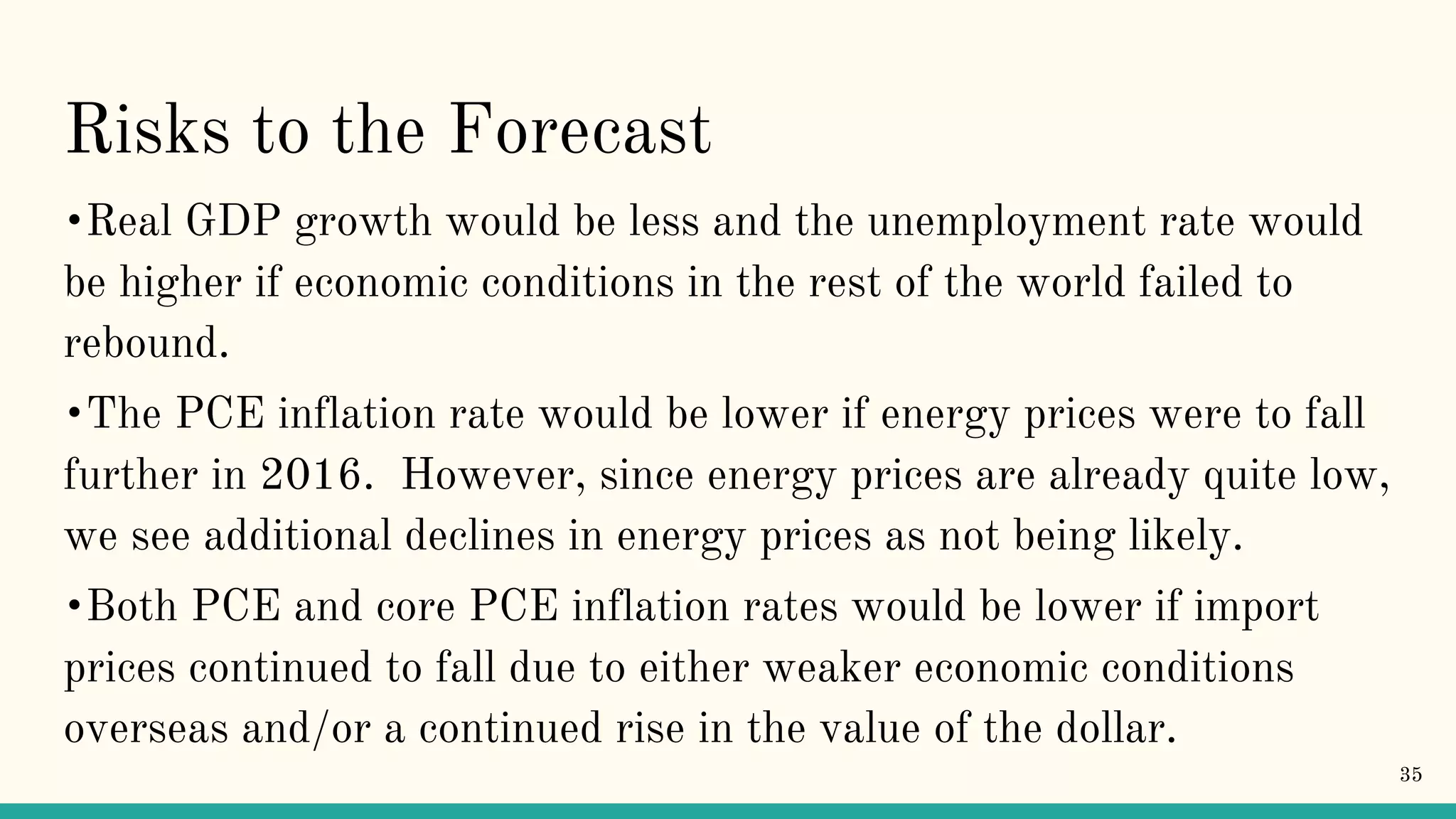 Risks to the Forecast
•Real GDP growth would be less and the unemployment rate would
be higher if economic conditions in the rest of the world failed to
rebound.
•The PCE inflation rate would be lower if energy prices were to fall
further in 2016. However, since energy prices are already quite low,
we see additional declines in energy prices as not being likely.
•Both PCE and core PCE inflation rates would be lower if import
prices continued to fall due to either weaker economic conditions
overseas and/or a continued rise in the value of the dollar.
35
 