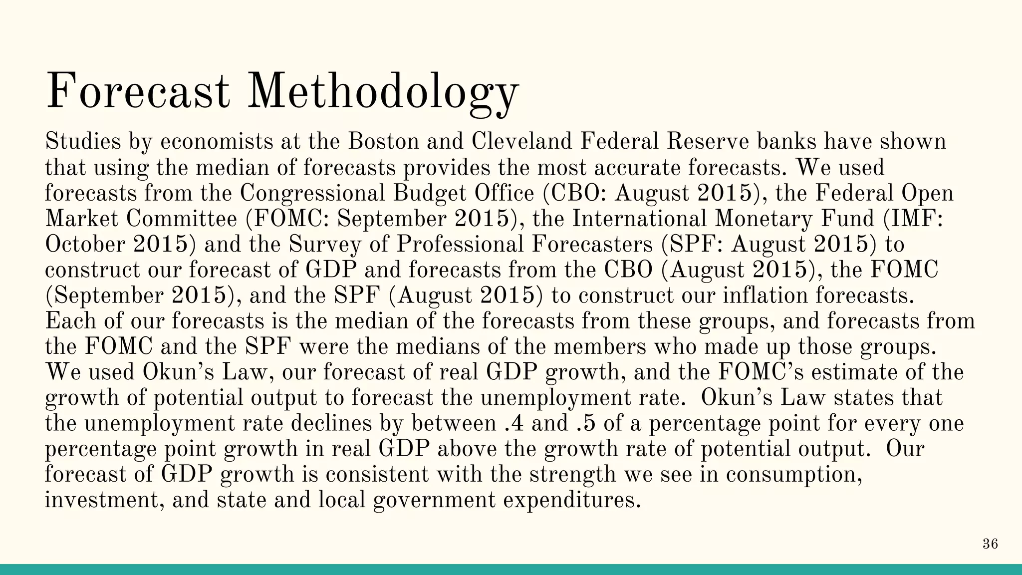Forecast Methodology
Studies by economists at the Boston and Cleveland Federal Reserve banks have shown
that using the median of forecasts provides the most accurate forecasts. We used
forecasts from the Congressional Budget Office (CBO: August 2015), the Federal Open
Market Committee (FOMC: September 2015), the International Monetary Fund (IMF:
October 2015) and the Survey of Professional Forecasters (SPF: August 2015) to
construct our forecast of GDP and forecasts from the CBO (August 2015), the FOMC
(September 2015), and the SPF (August 2015) to construct our inflation forecasts.
Each of our forecasts is the median of the forecasts from these groups, and forecasts from
the FOMC and the SPF were the medians of the members who made up those groups.
We used Okun’s Law, our forecast of real GDP growth, and the FOMC’s estimate of the
growth of potential output to forecast the unemployment rate. Okun’s Law states that
the unemployment rate declines by between .4 and .5 of a percentage point for every one
percentage point growth in real GDP above the growth rate of potential output. Our
forecast of GDP growth is consistent with the strength we see in consumption,
investment, and state and local government expenditures.
36
 