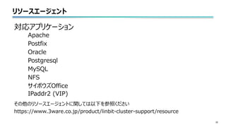 リソースエージェント
22
対応アプリケーション
Apache
Postfix
Oracle
Postgresql
MySQL
NFS
サイボウズOffice
IPaddr2 (VIP)
その他のリソースエージェントに関しては以下を参照ください
https://www.3ware.co.jp/product/linbit-cluster-support/resource
 